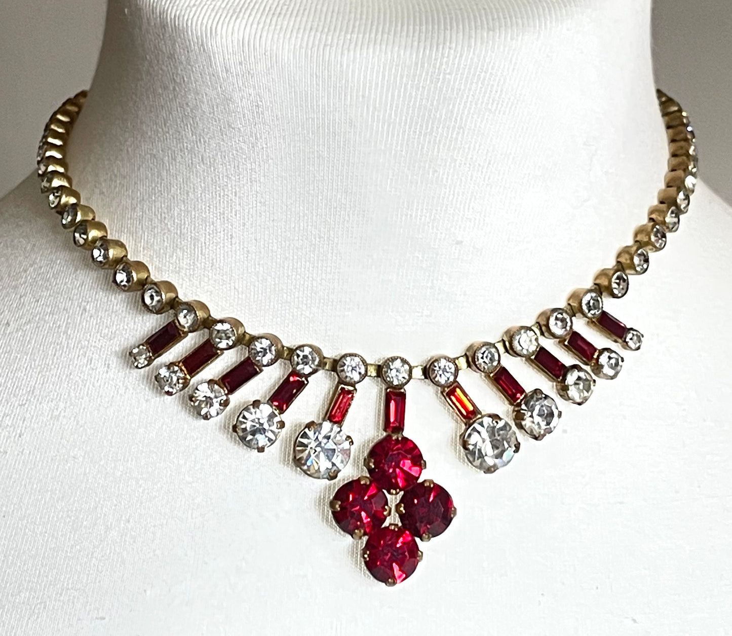 Vintage Art Deco Czech ice clear and ruby red crystal paste and gold tone choker necklace, clear collet set rhinestone riviere