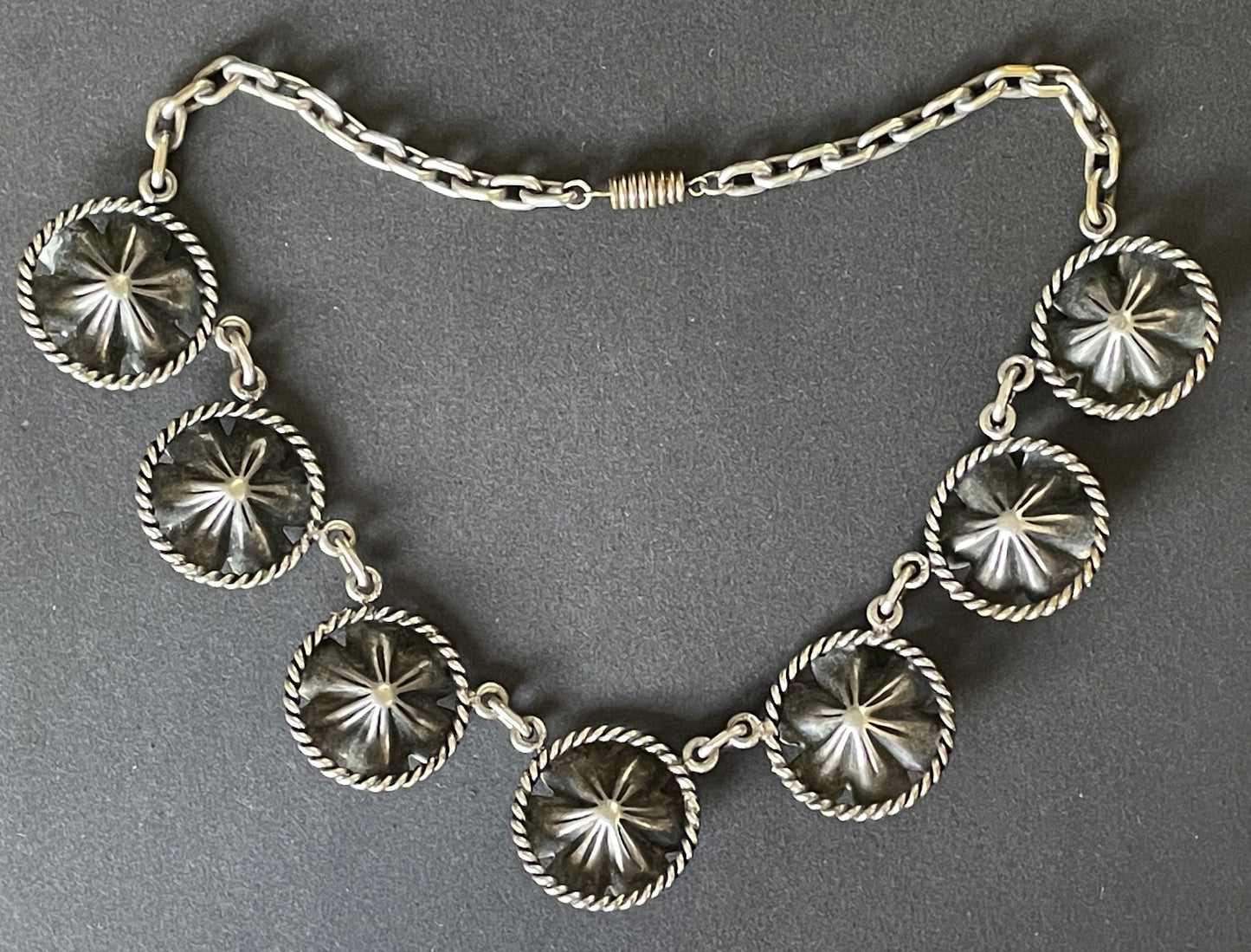 Vintage Art Deco machine age chrome floral necklace from the 1930s - possible Jakob Bengel