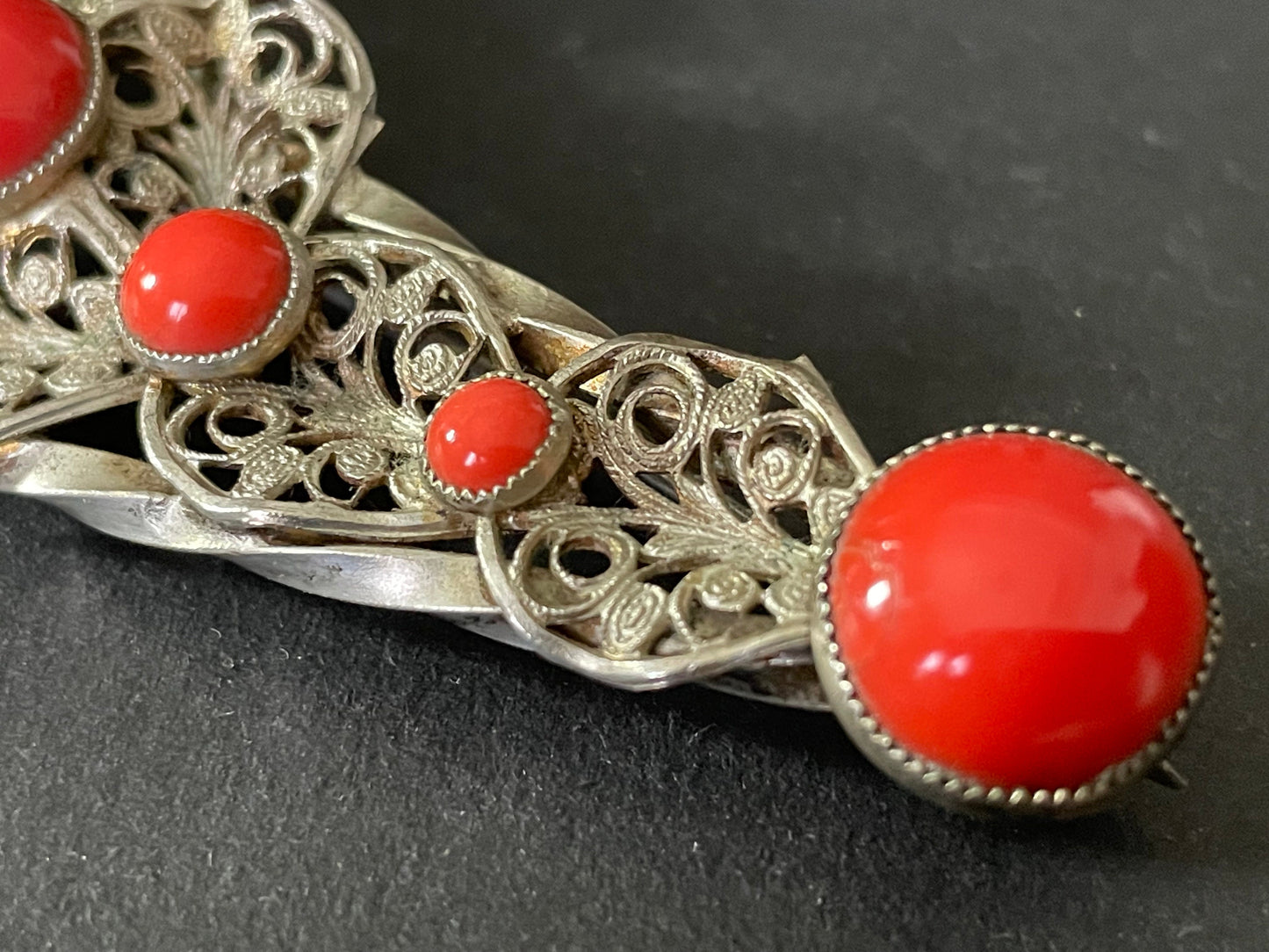 Huge vintage Art Deco Max Neiger brothers Czech brooch, bright lipstick red glass cabochons silver tone filigree