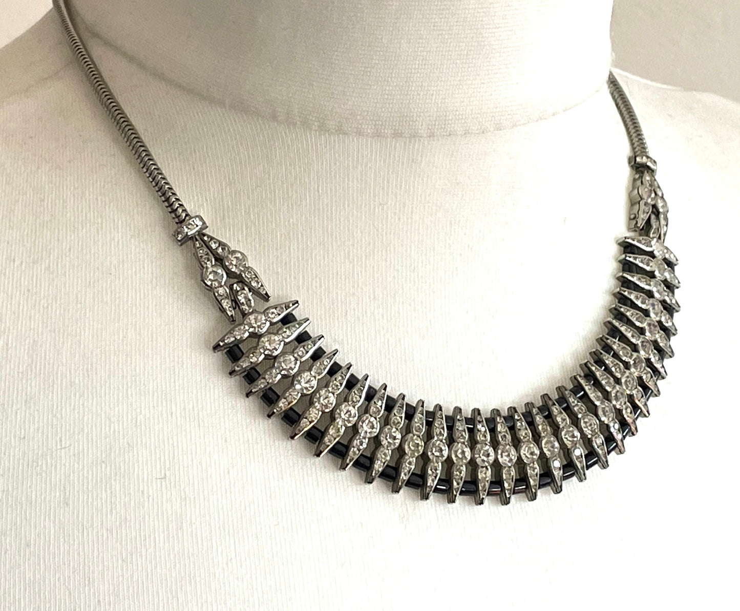 Vintage unsigned Esha Randel / Schreiber & Hiller DRGM Art Deco chrome, paste rhinestone and black galalith geometric machine age necklace