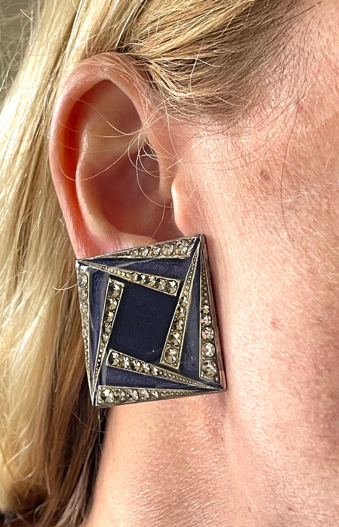 Huge vintage Pierre Bex Art Deco bright blue enamel and rhinestone clip on earrings, fabulous geometric design, large square shape