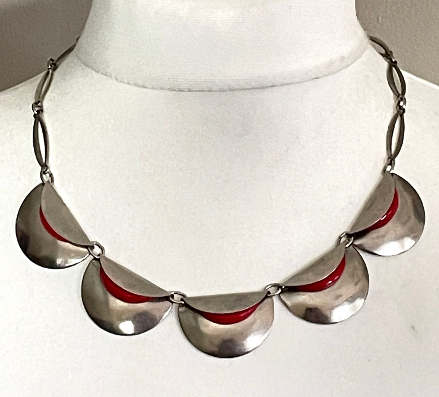 Vintage Jakob Bengel Art Deco machine age necklace, bright red galalith geometric shapes with shiny silver tone chrome folded discs