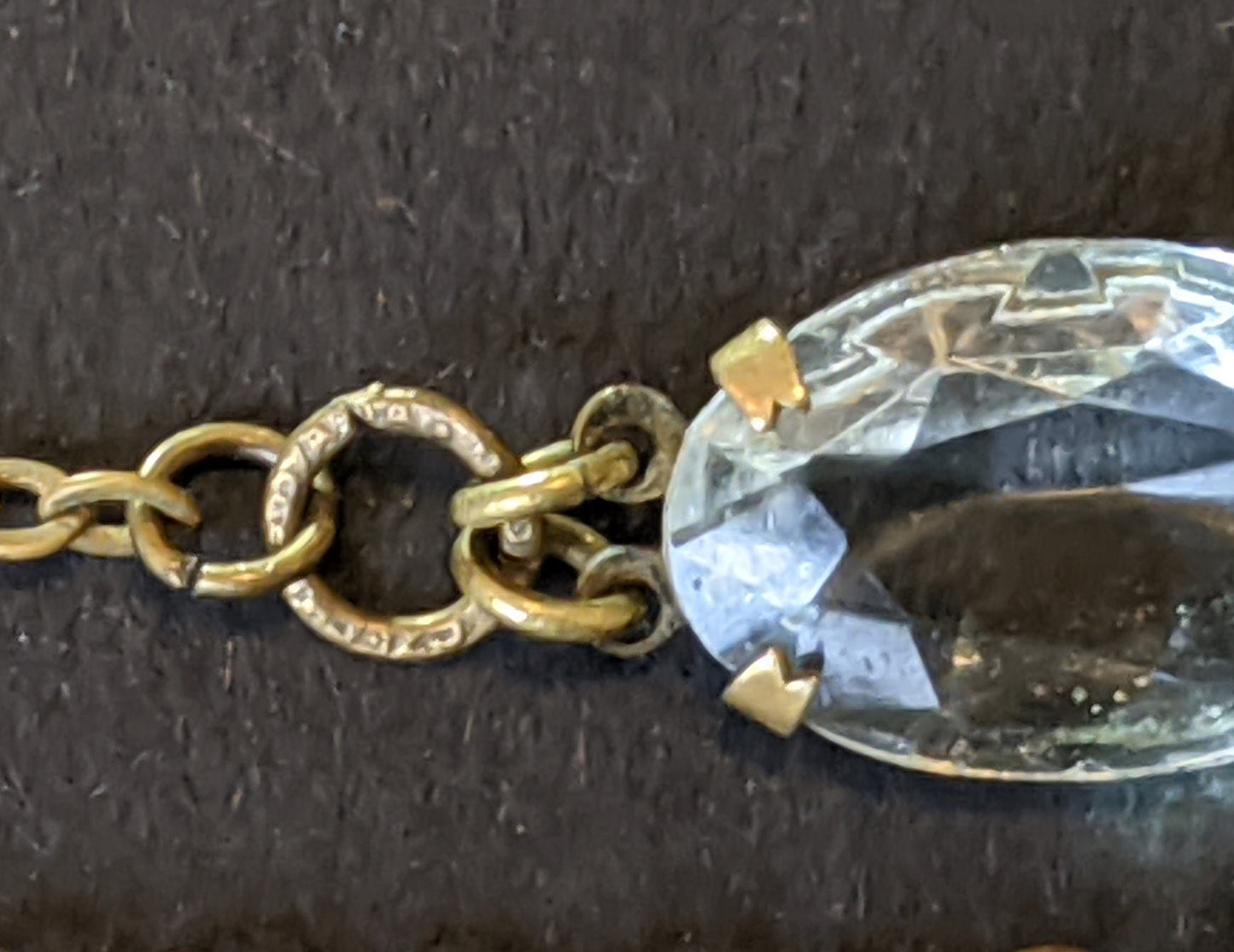 Vintage Art Deco clear paste large oval crystal riviere necklace, bezel set open backed Czech crystal stones set in gold tone