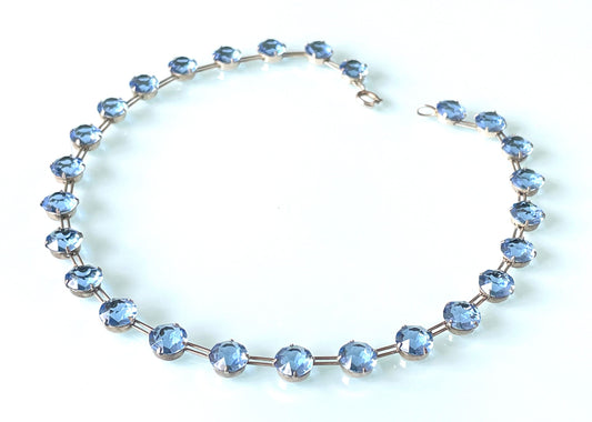 Vintage sterling silver Art Deco sapphire blue chaton cut crystal rhinestone riviere necklace bezel set, open backed, by W H Collins
