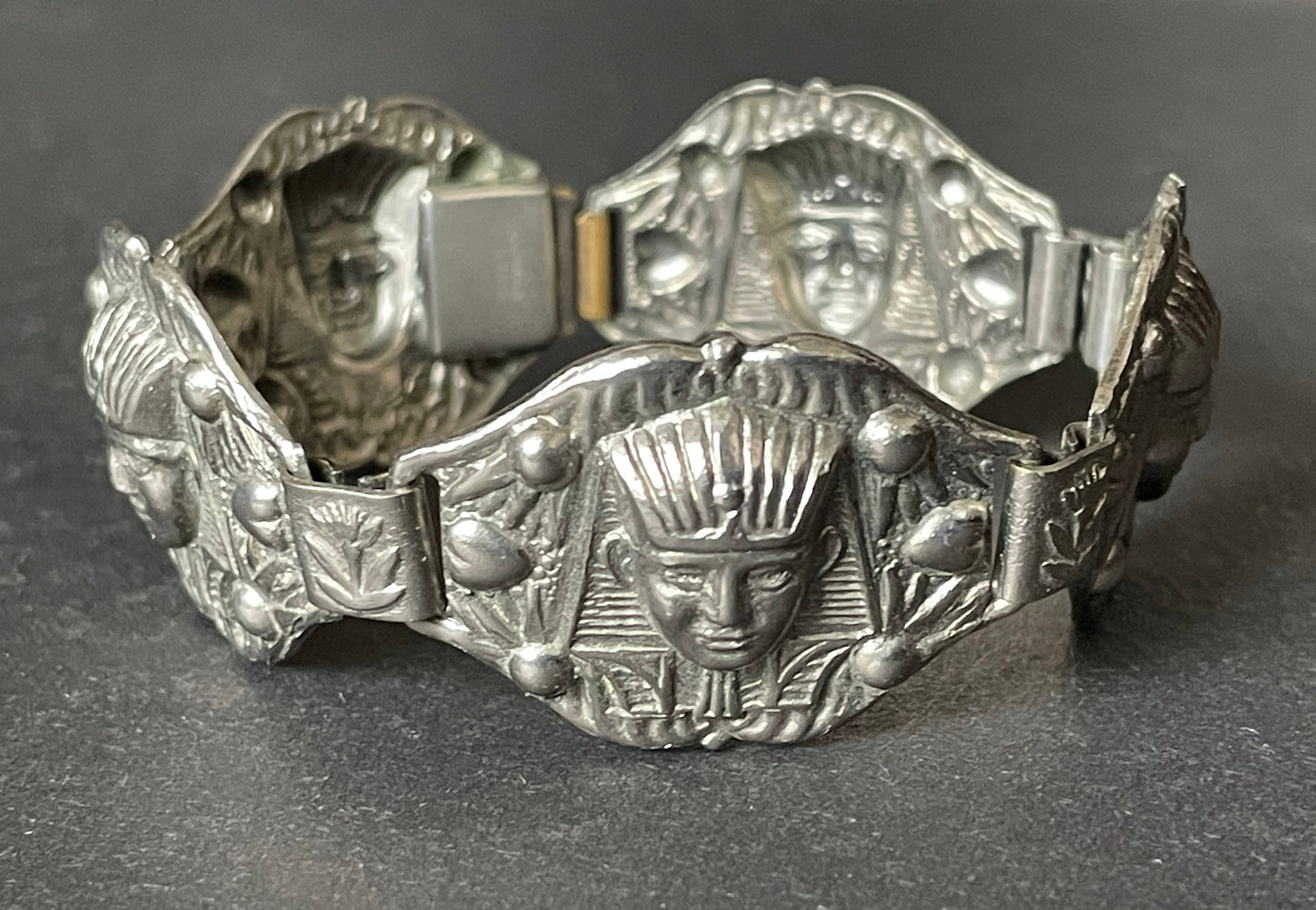 Vintage Egyptian revival Tutankhamun pharaoh silver tone panel bracelet, made in England