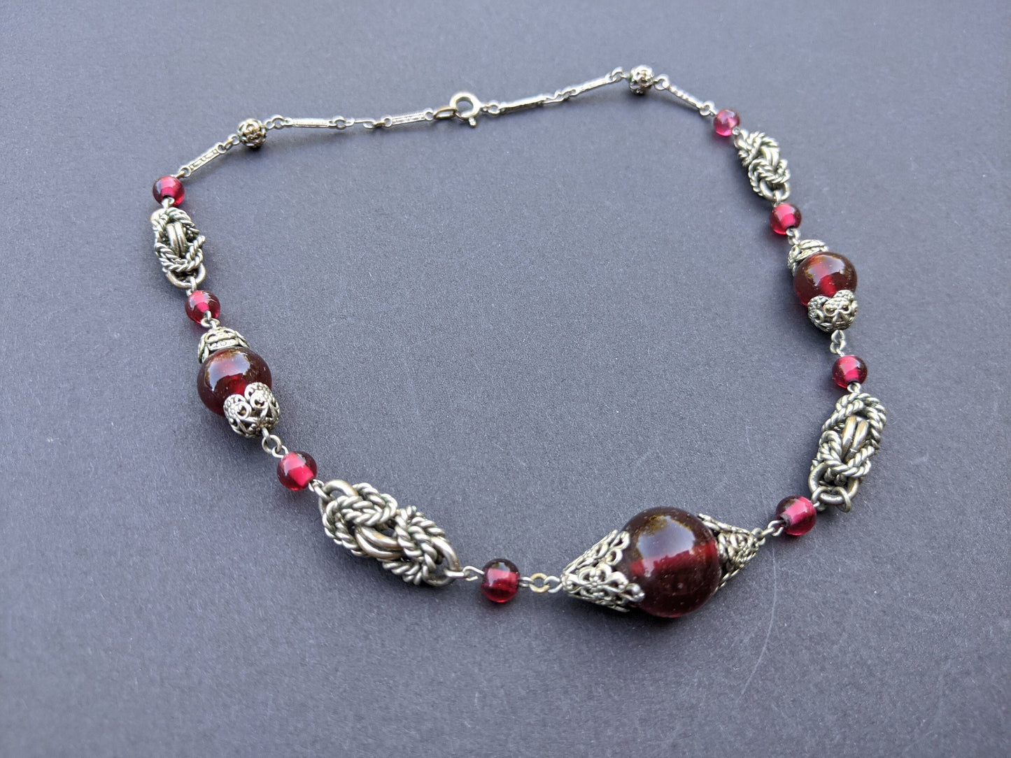 Vintage Art Deco red glass and chrome machine age necklace - Jakob Bengel attributed