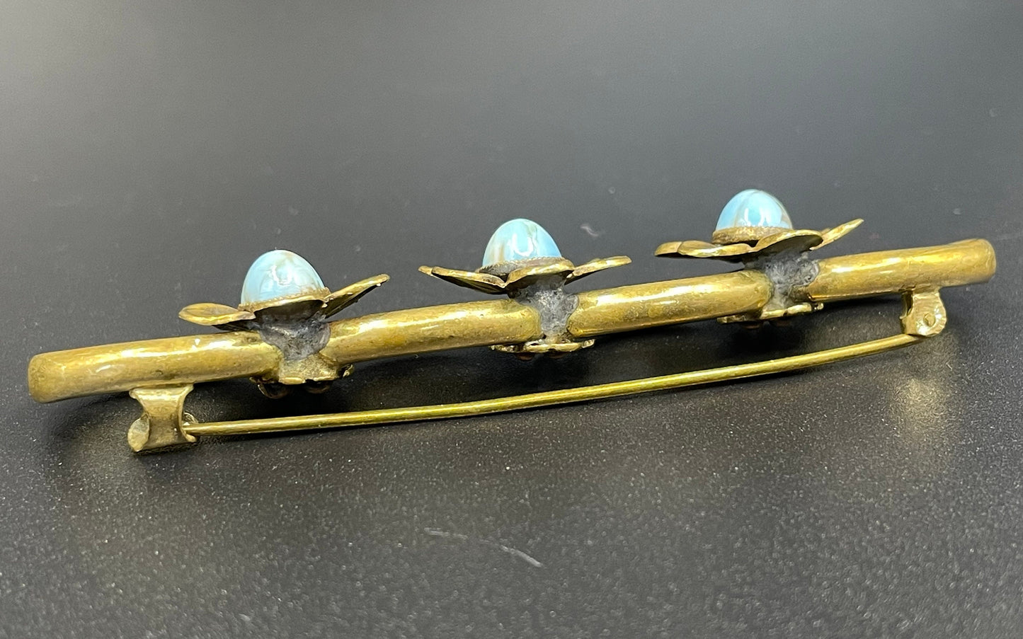 Vintage Neiger Brothers (Max and Norbert) long flower brooch - faux turquoise glass cabochons & gold tone