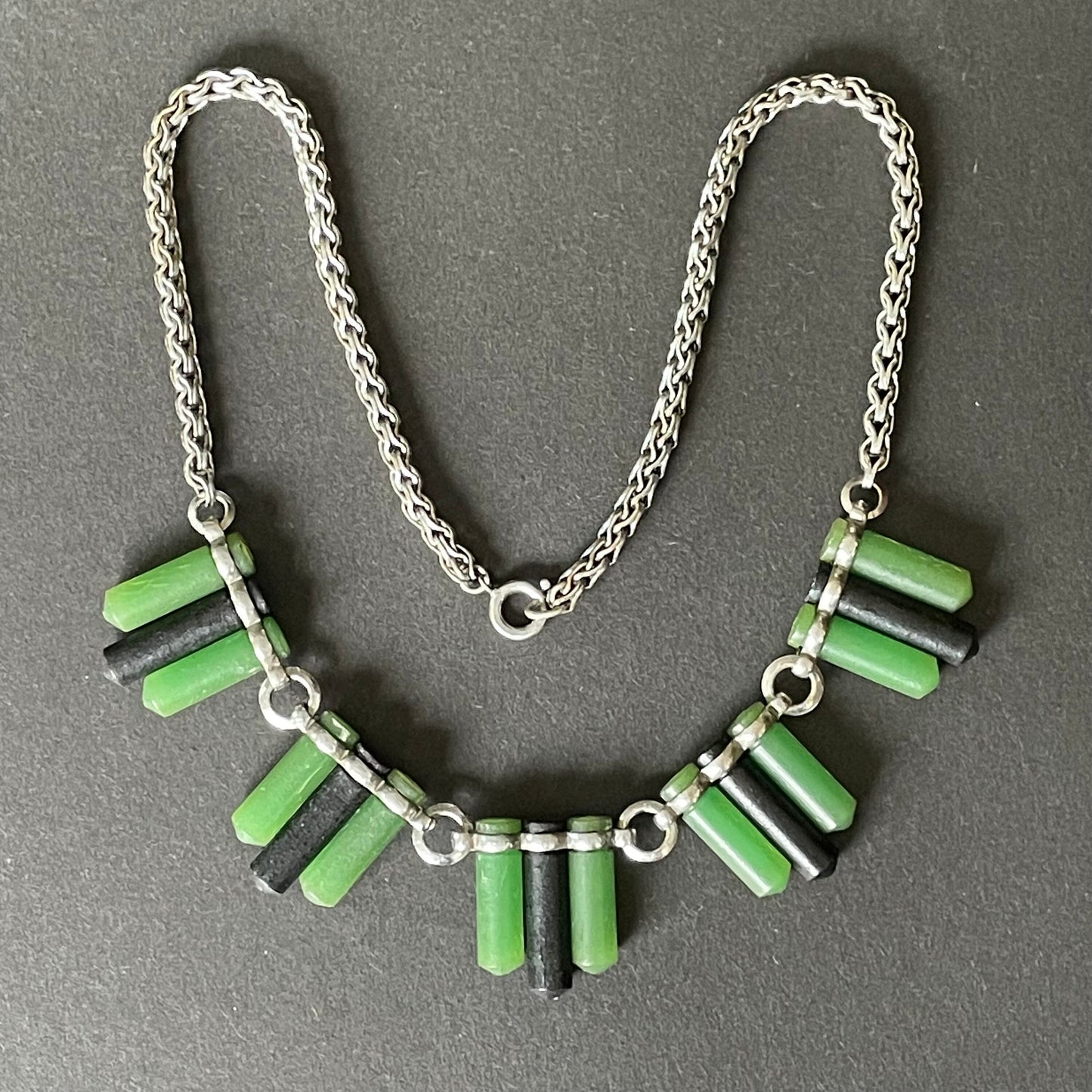 Vintage Jakob Bengel Art Deco machine age chrome with green and black galalith cylinders geometric necklace with snake chain, 1930s