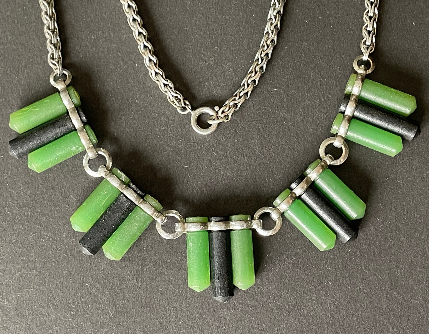 Vintage Jakob Bengel Art Deco machine age chrome with green and black galalith cylinders geometric necklace with snake chain, 1930s