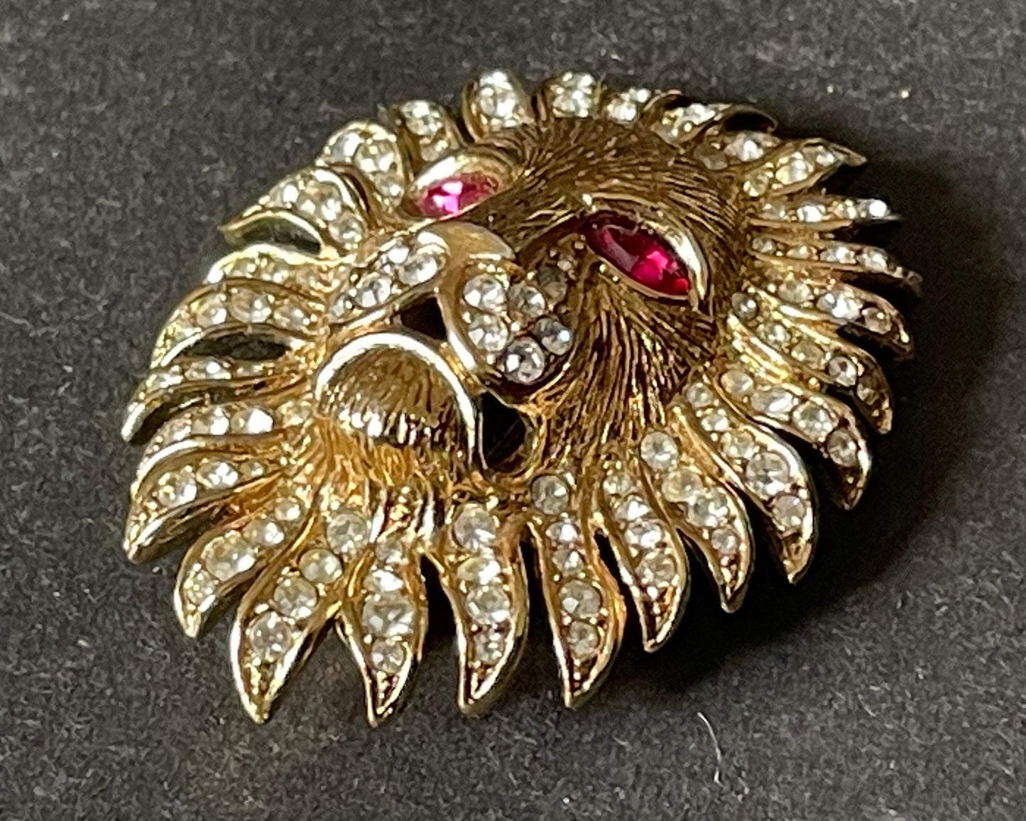 Vintage Attwood and Sawyer (A&S) large rhinestone lion brooch - signed, gold-plated, unusual ruby red rhinestone eyes