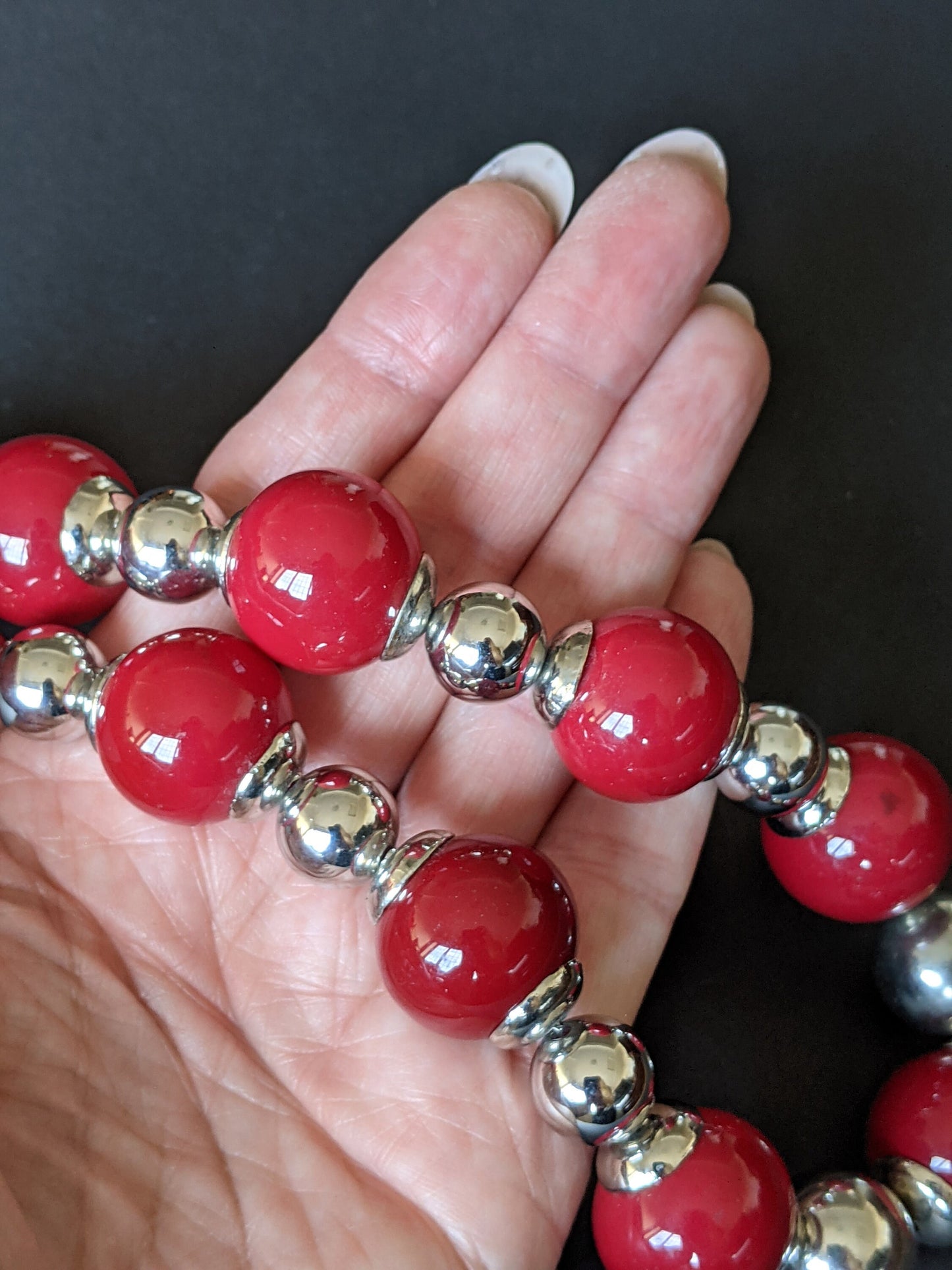 VIntage Art Deco Jakob Bengel machine age chrome and large bright lipstick red galalith bead chunky statement necklace - unused shop stock