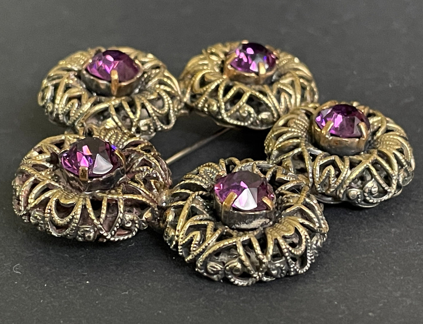 Large vintage amethyst purple paste 1930s Czech Art Deco rhinestone floral brooch with gold tone filigree