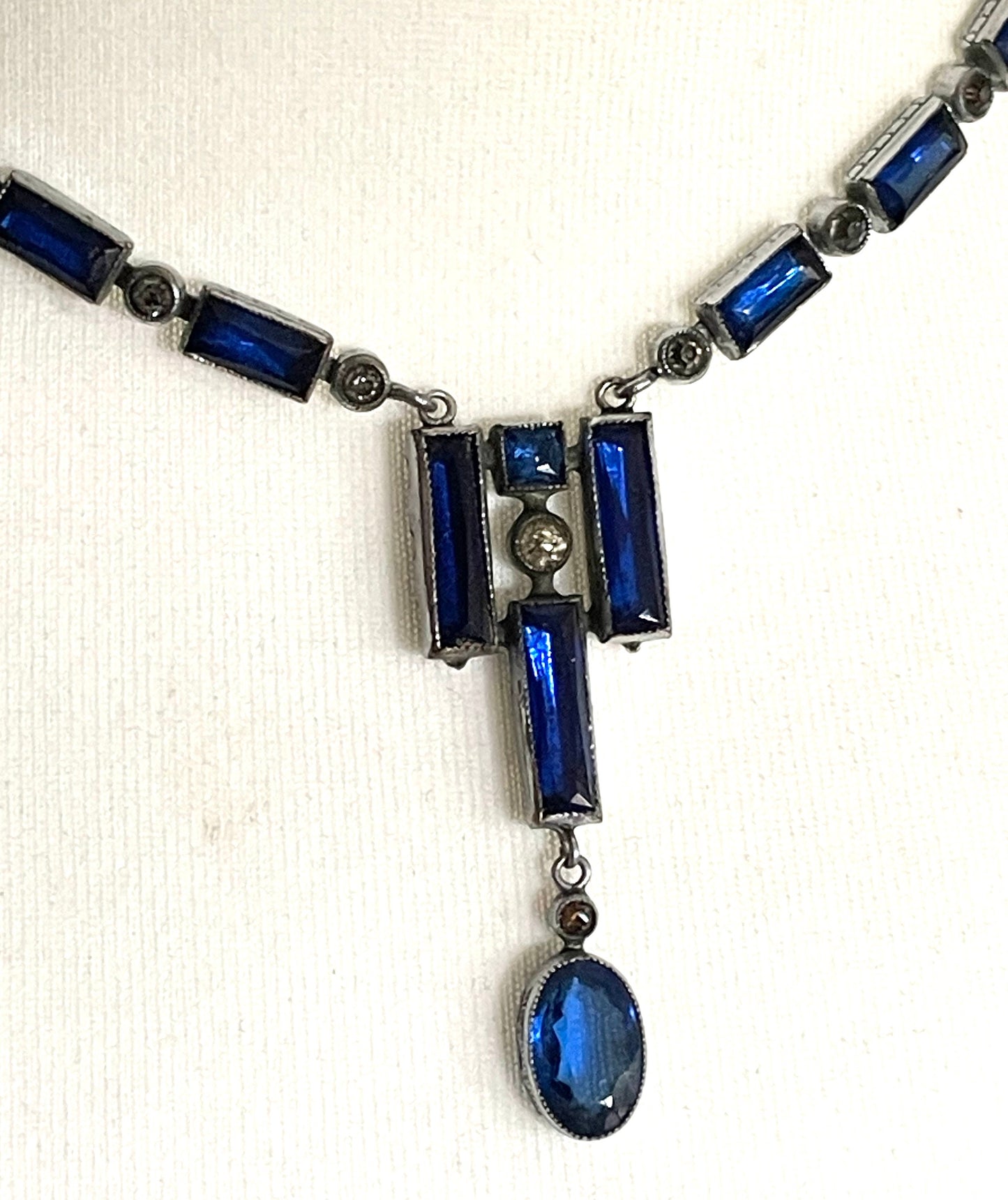 Vintage / antique Bristol blue and clear paste collet set crystal, silver plated riviere lariat necklace with baguette stones