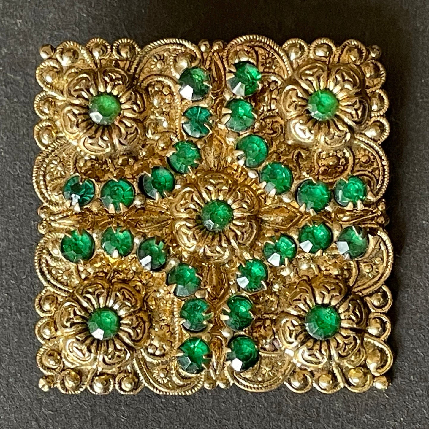 Large vintage Art Deco emerald green rhinestone and gold tone filigree Czech statement square brooch, flower design, Max Neiger style