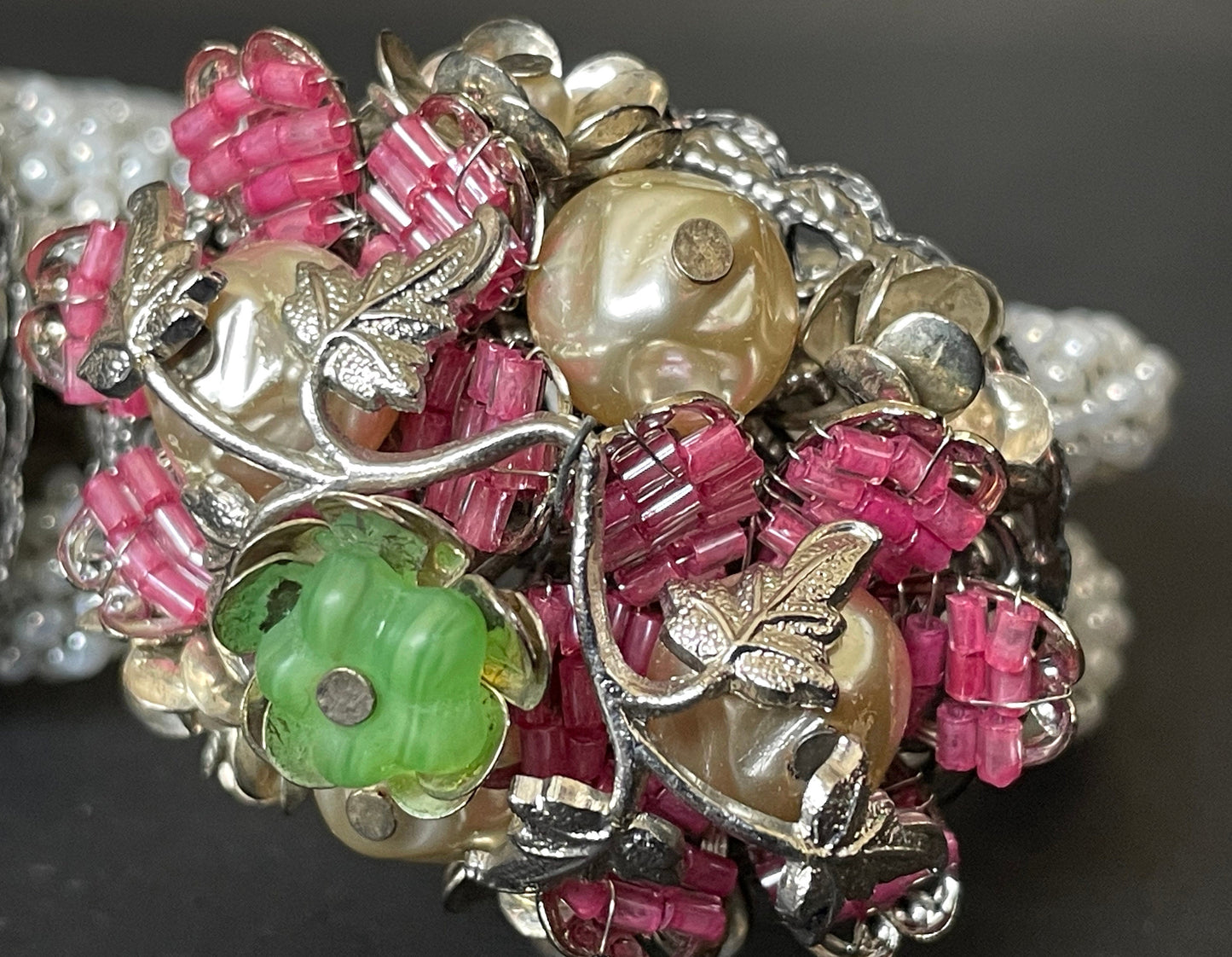 Vintage elaborate glass beaded floral clamper bangle with intricate micro beading and silver tone filigree, pink, green, white & faux pearl