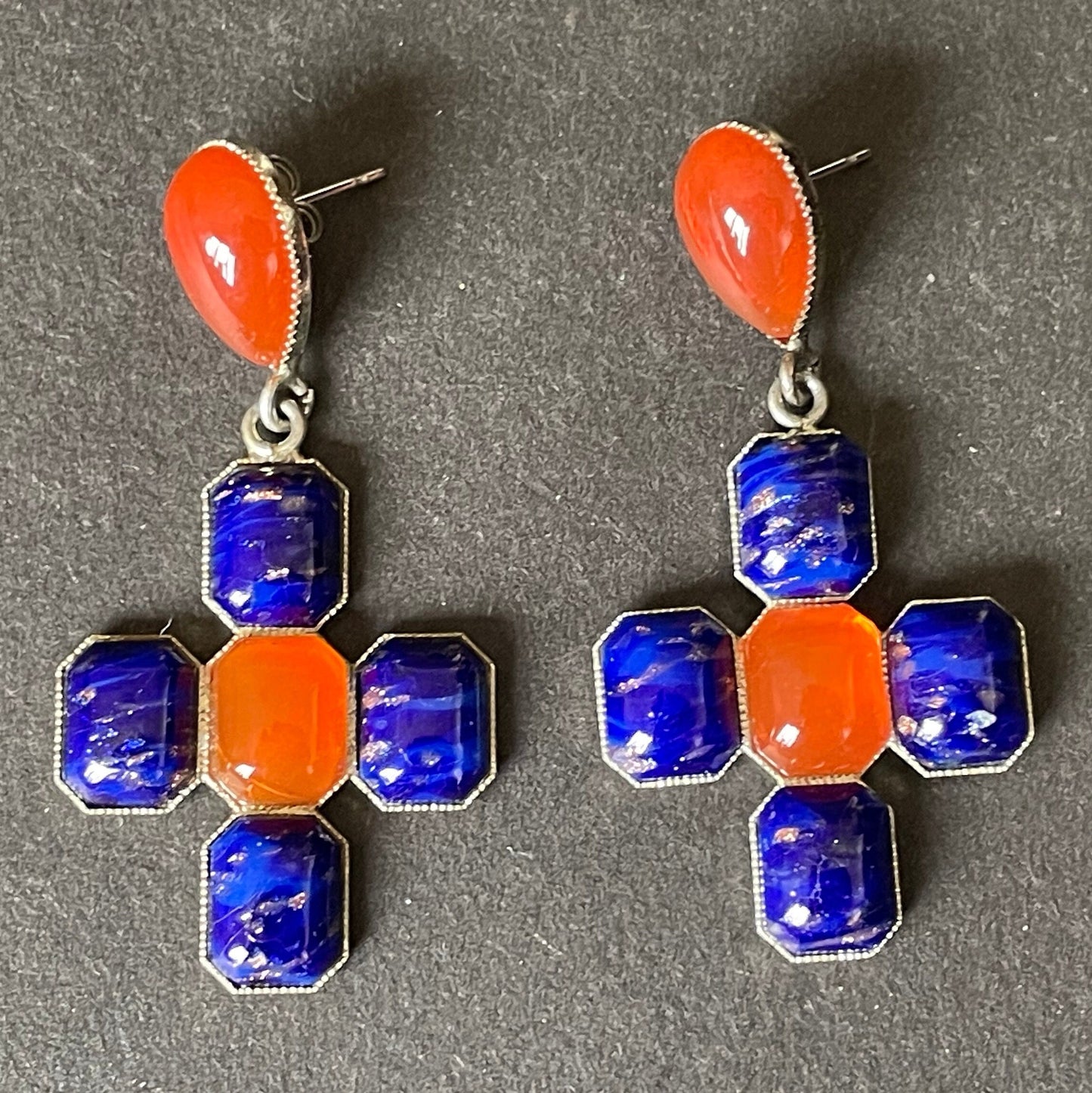 Vintage poured glass cabochon faux lapis lazuli deep blue and faux carnelian orange glass earrings with cross motif in silver tone