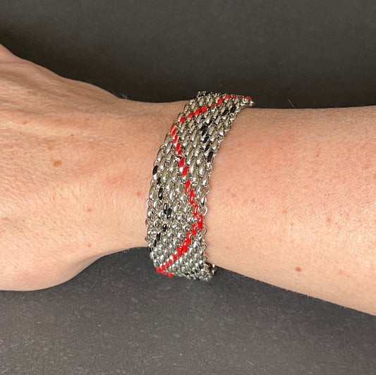 Vintage Jakob Bengel Art Deco brickwork / mauerwerk machine age silver tone chrome bracelet, with red and black geometric enamel decoration