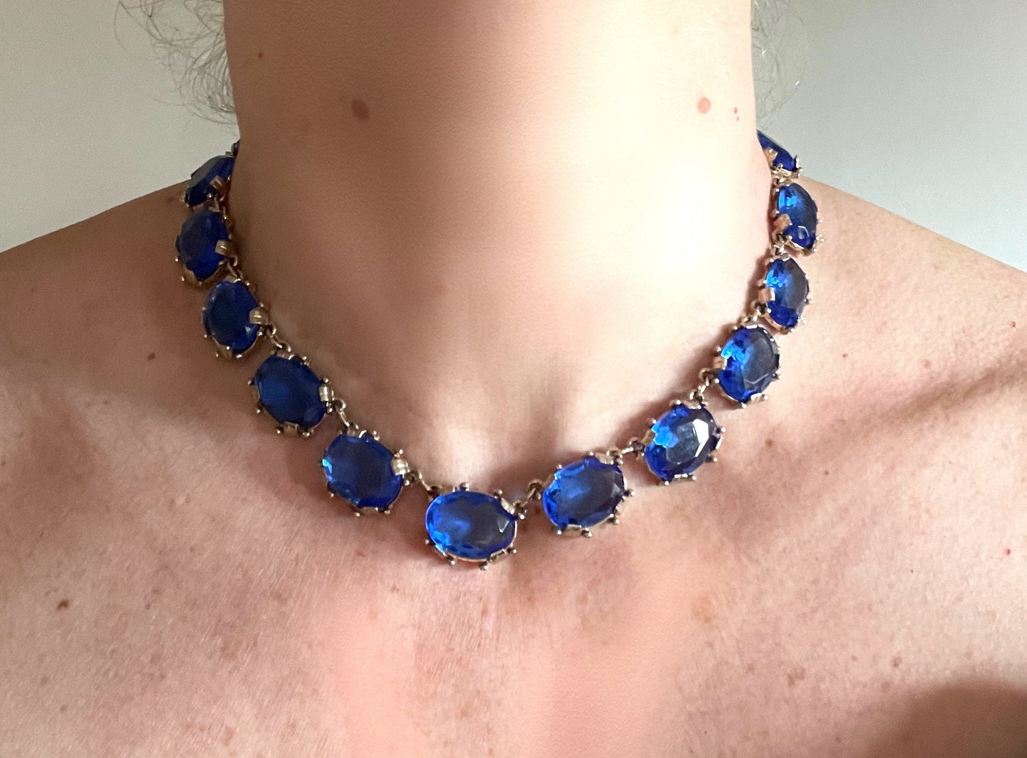 Vintage vibrant royal blue large crystal riviere necklace and bracelet set, by Sphinx, a very rare colour