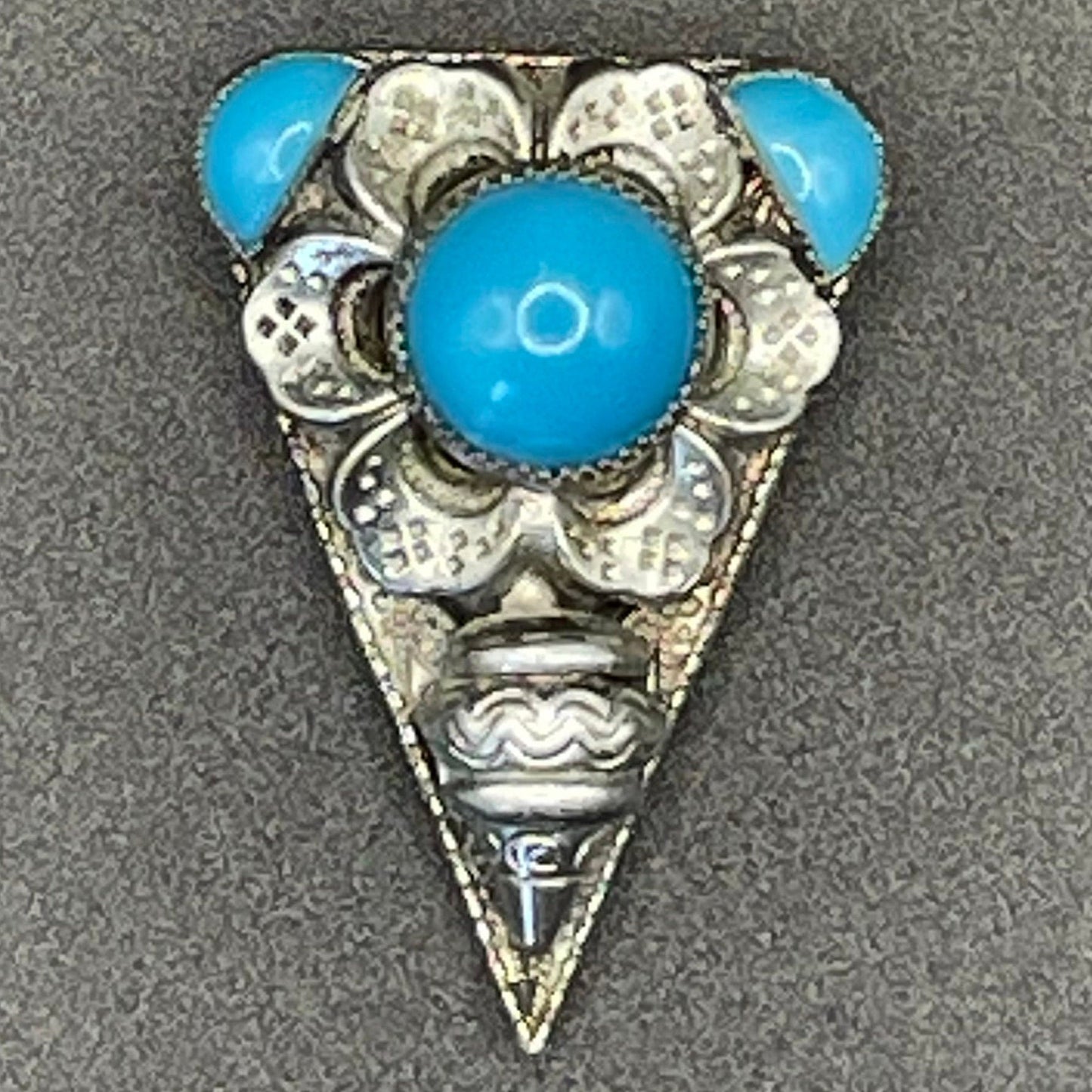 Vintage Art Deco Czech Neiger Brothers, Max Neiger faux turquoise glass cabochon and silver tone dress clip