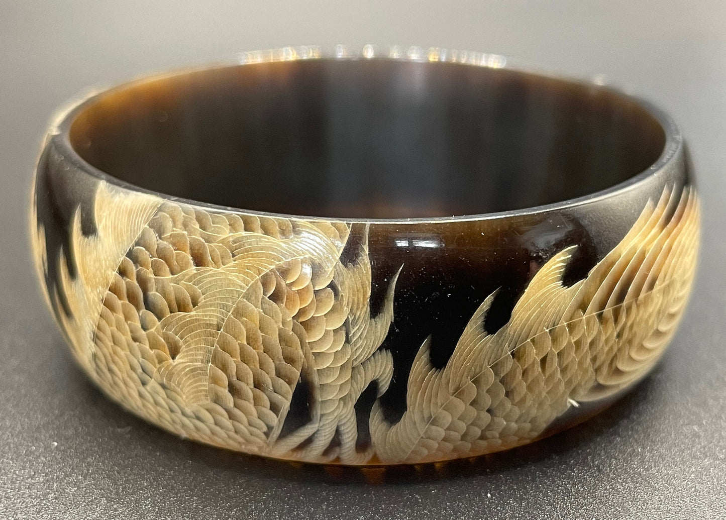 Vintage / antique beautifully carved bangle made of buffalo horn, dragon design, stunning quality