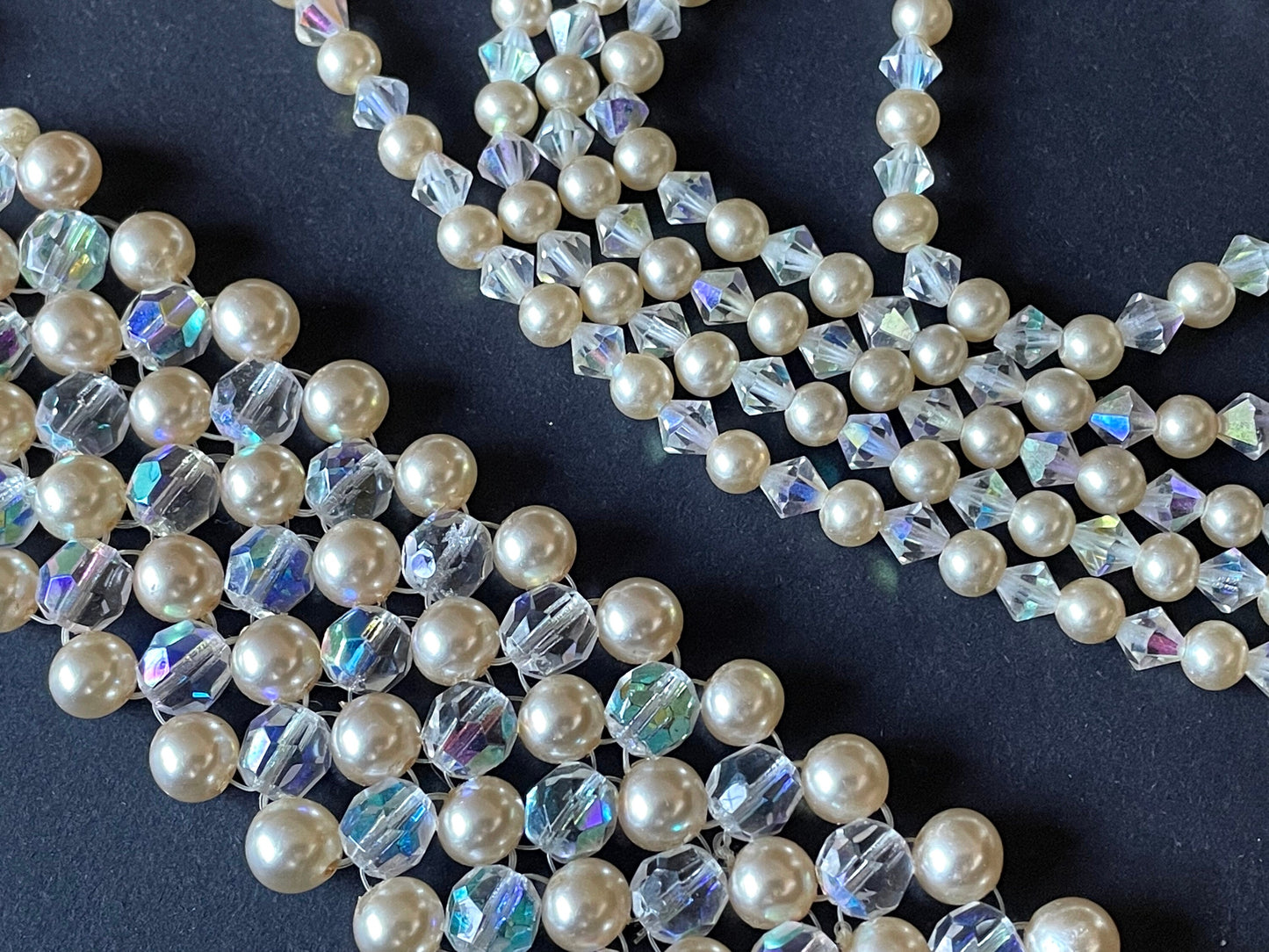 Vintage multi five strand glass faux pearl and crystal bead necklace and matching bracelet, each with large ornate rhinestone box clasp