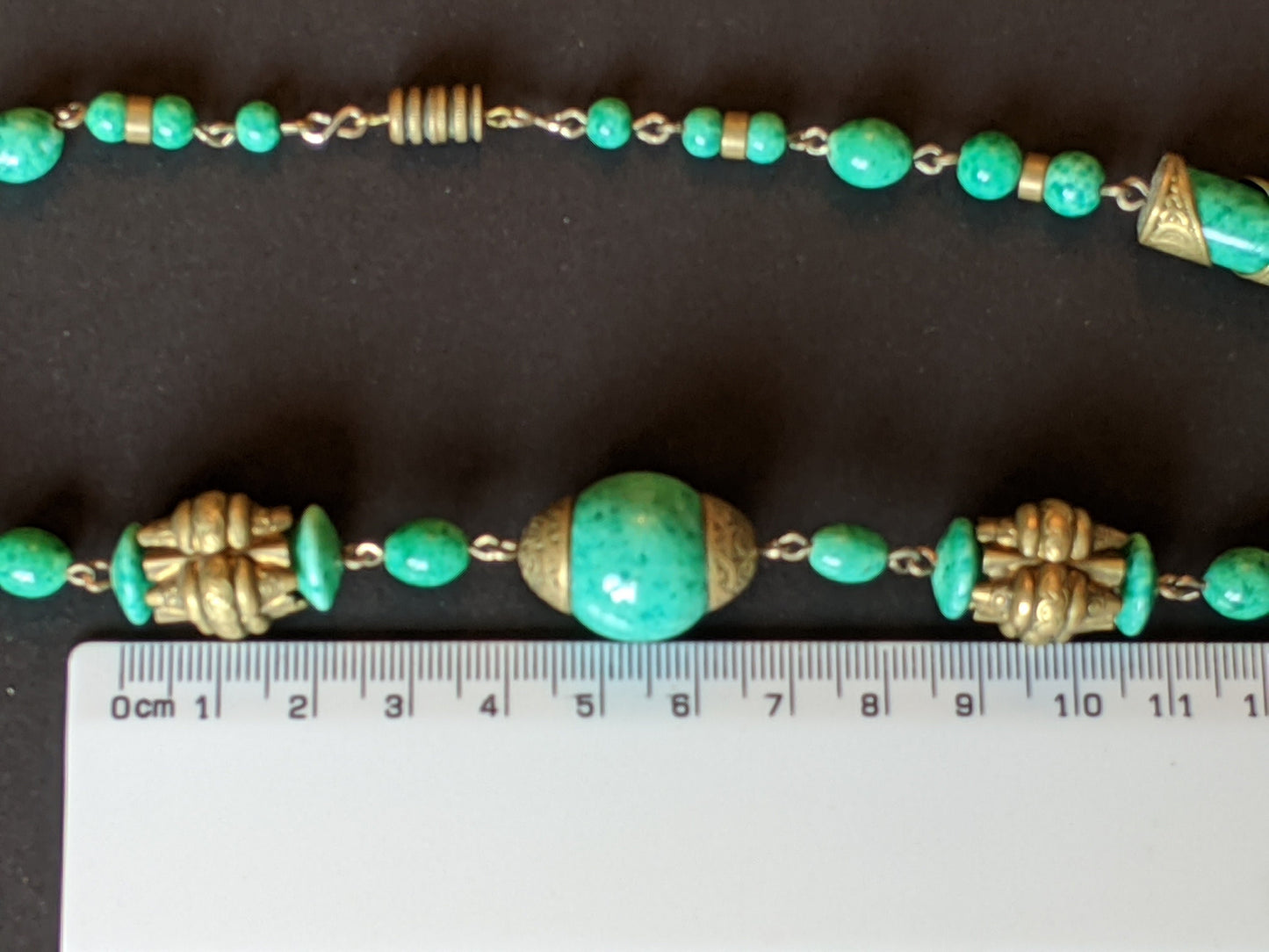 Vintage Neiger Brothers Art Deco heavy green Peking glass bead necklace with beautiful gold tone features - by Max Neiger