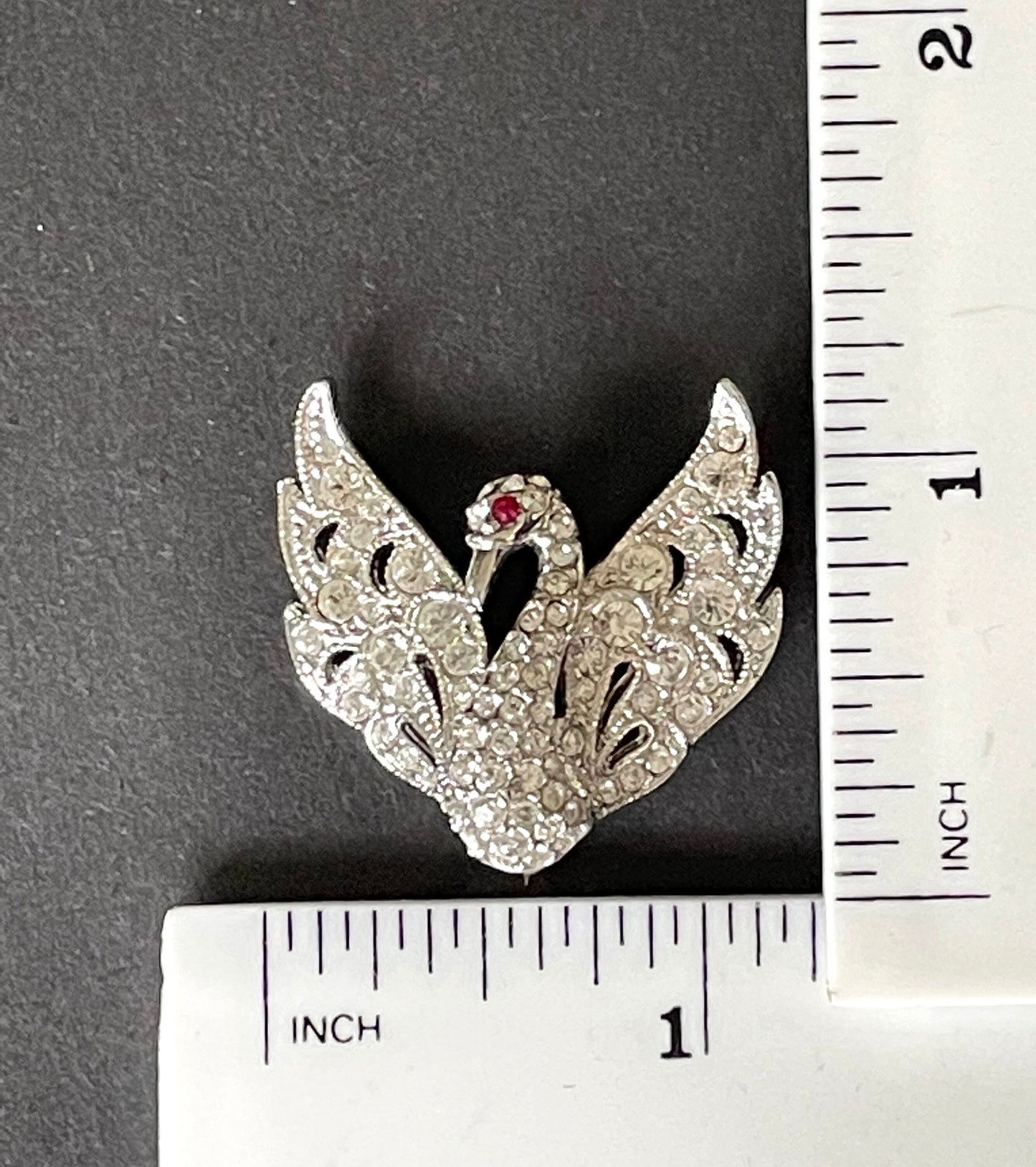 Vintage Attwood and Sawyer (A&S) signed swan brooch - shiny silver tone, clear and red rhinestones