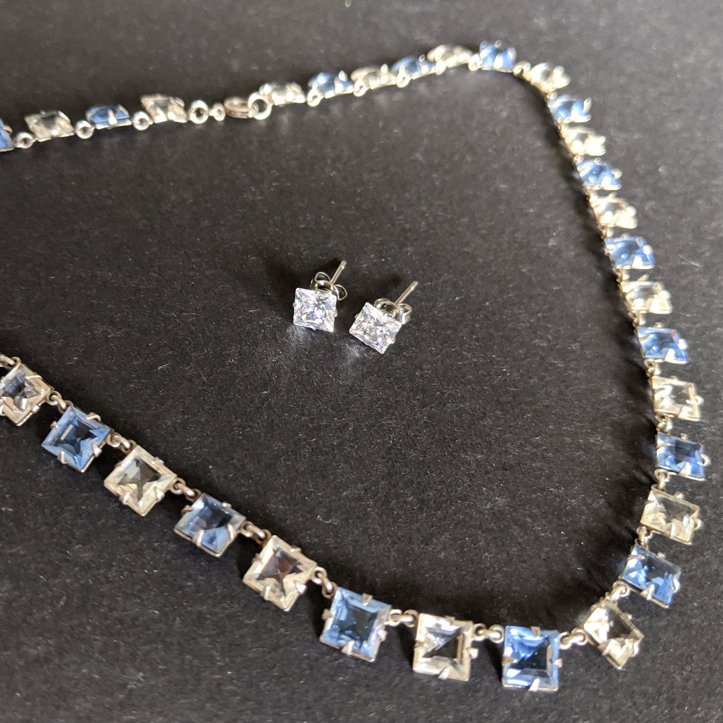 Vintage Art Deco sapphire blue crystal & clear paste riviere necklace bezel set, open backed, square / princess cut crystals, free earrings!