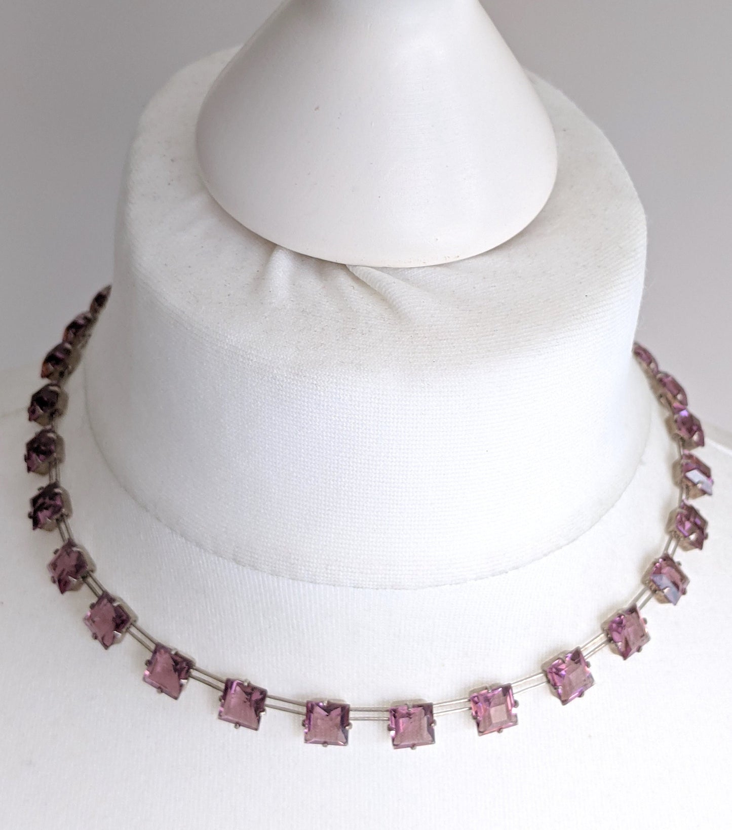 Vintage sterling silver Art Deco amethyst purple princess cut / square crystal riviere necklace bezel set, open backed