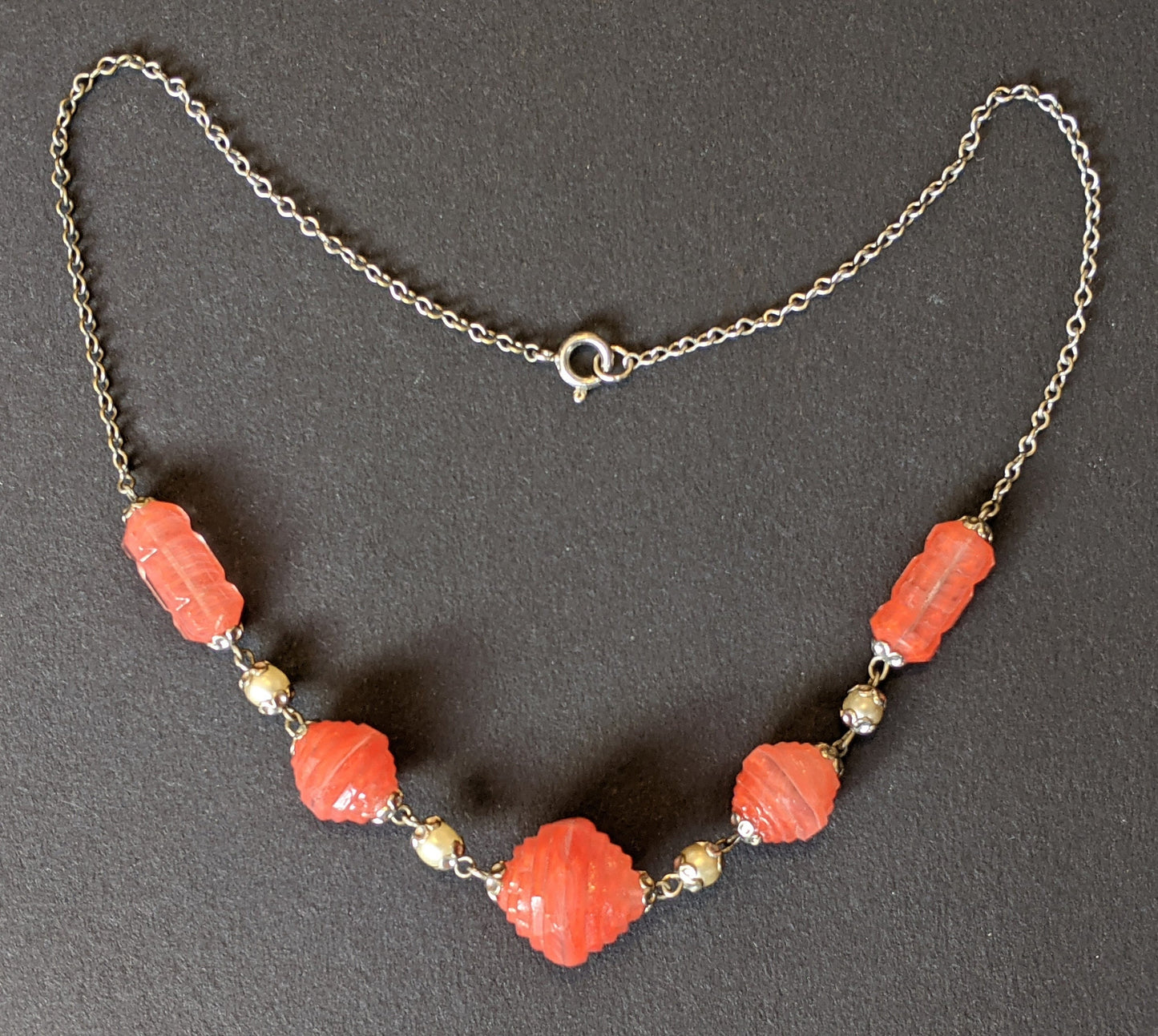 Vintage Art Deco orange Carnelian coloured moulded glass large bead necklace, with glass pearls set in gold tone