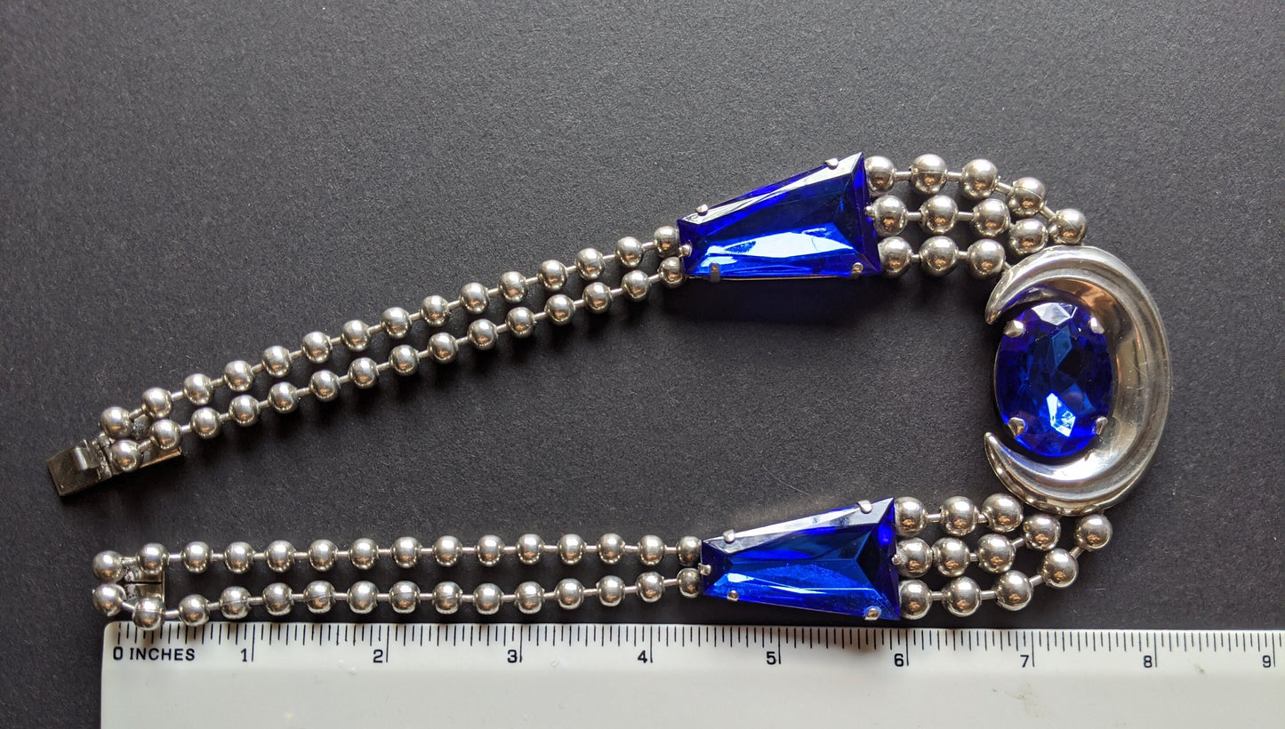 Vintage Art Deco bright blue, huge crystal and silver tone statement ball chain necklace, machine age, very heavy, extraordinary piece!