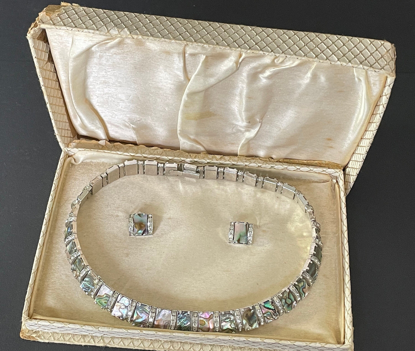 Vintage unsigned DRGM Schreiber & Hiller / Esha Randel Art Deco channel set paste rhinestone and abalone necklace and clip earrings set