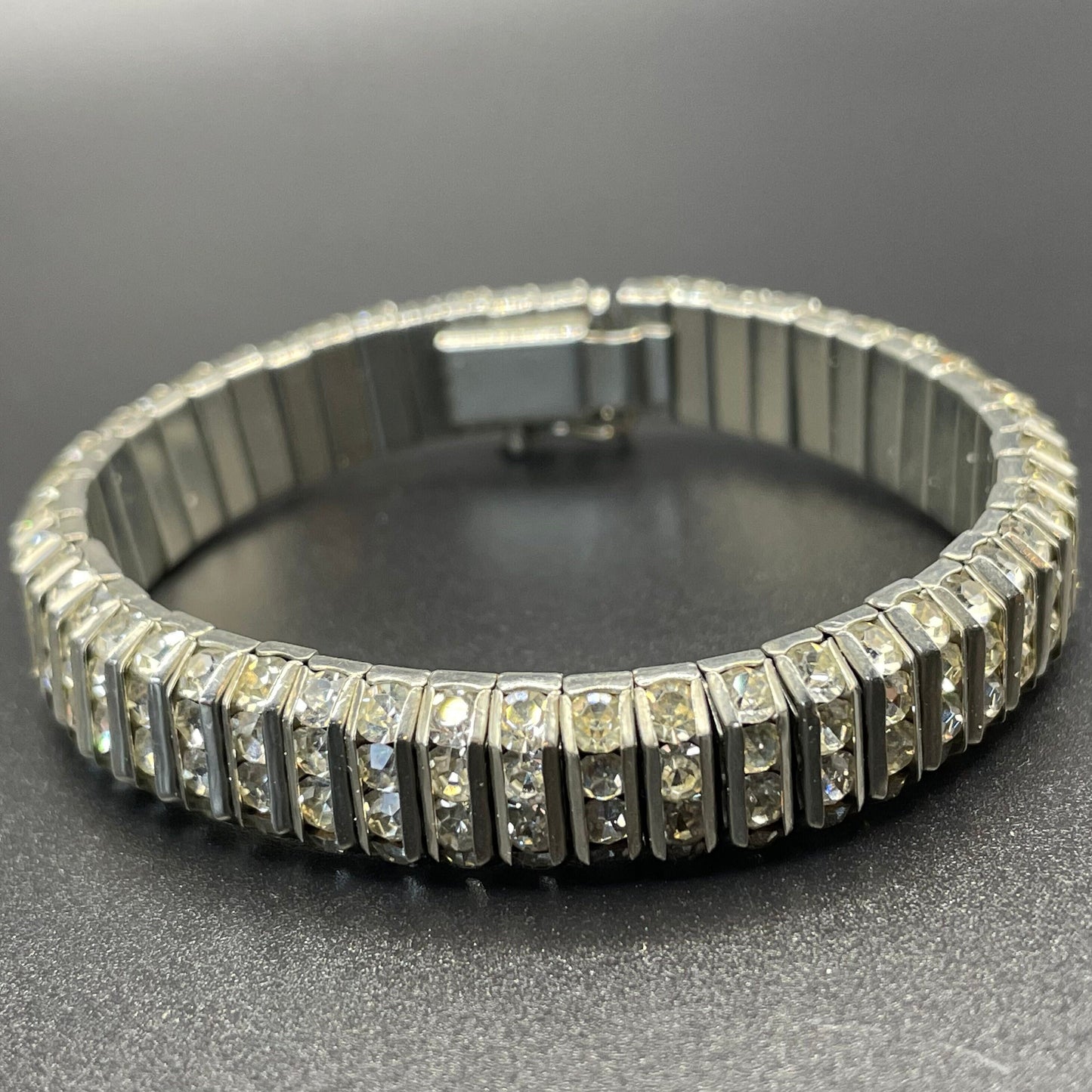 Vintage DRGM Schreiber & Hiller (unsigned) Art Deco channel set paste clear rhinestone geometric machine age bracelet