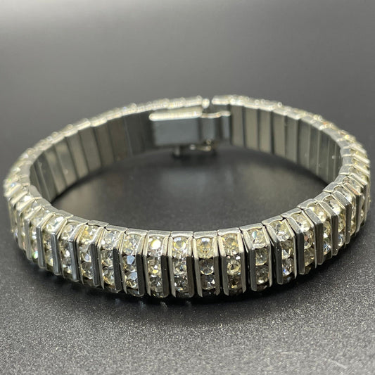 Vintage DRGM Schreiber & Hiller (unsigned) Art Deco channel set paste clear rhinestone geometric machine age bracelet