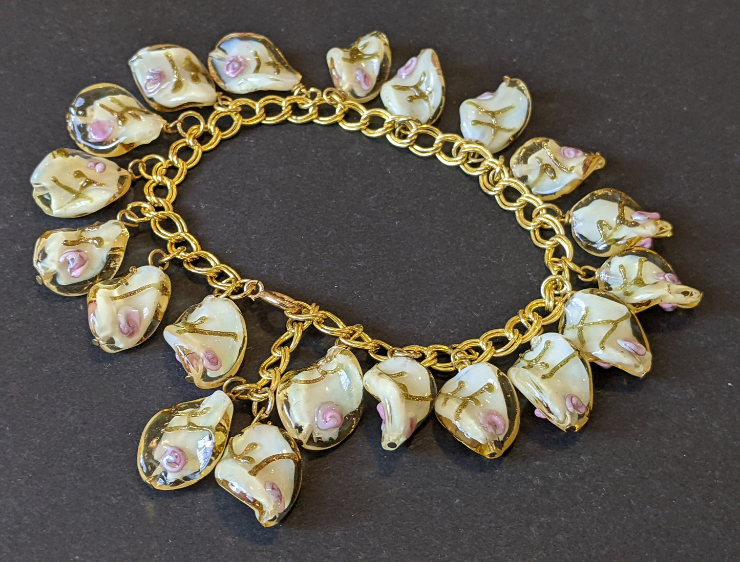 Vintage Art Deco Venetian wedding cake glass bead and gold tone charm bracelet, white, pink and gold, floral rose design, beautiful