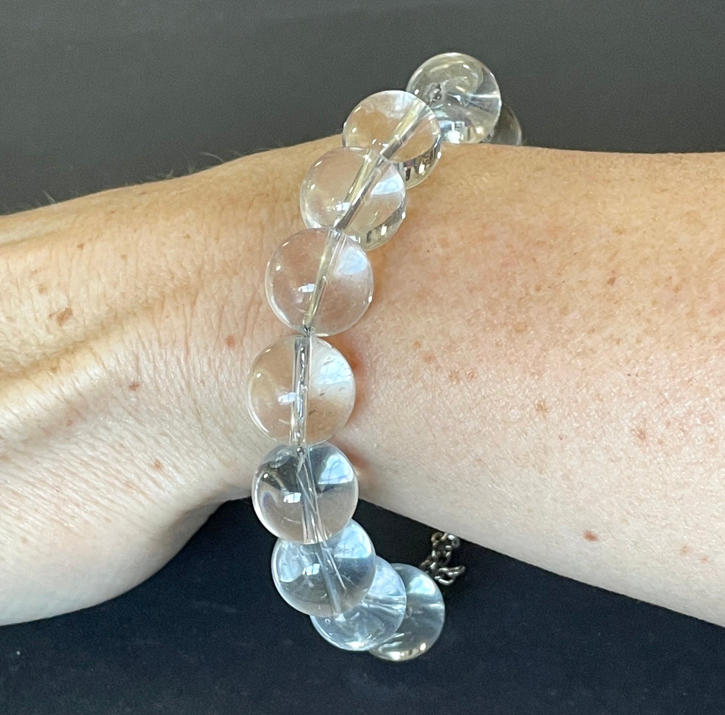 Large vintage or antique rock crystal (quartz) 'pools of light' style drilled bead chain strung bracelet & matching drop earrings (pierced)