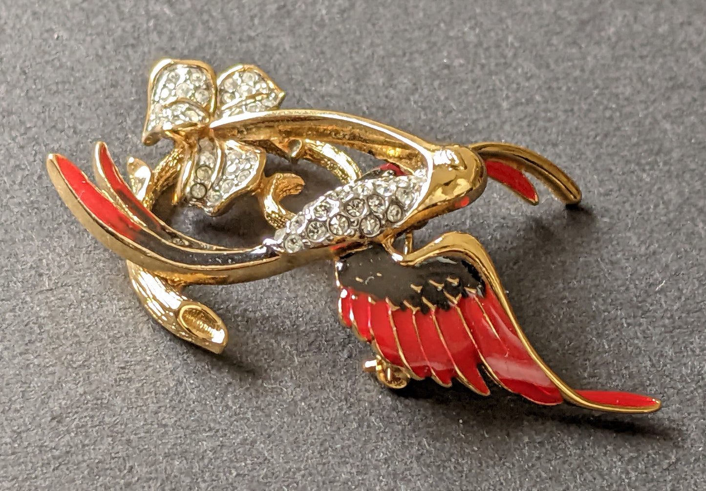 Vintage Attwood and Sawyer hummingbird brooch, gold plated, red and black enamel and rhinestone, signed A&S