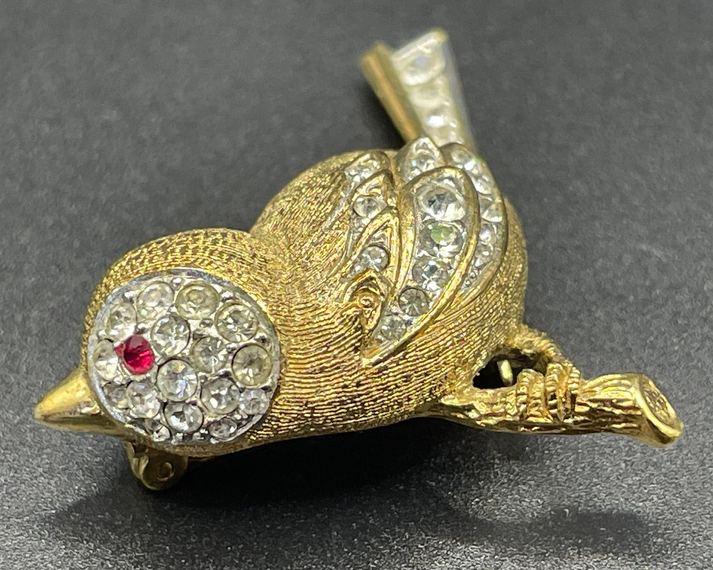 Vintage signed Attwood and Sawyer ( A&S ) gold tone with clear and red rhinestone adorable wren bird brooch