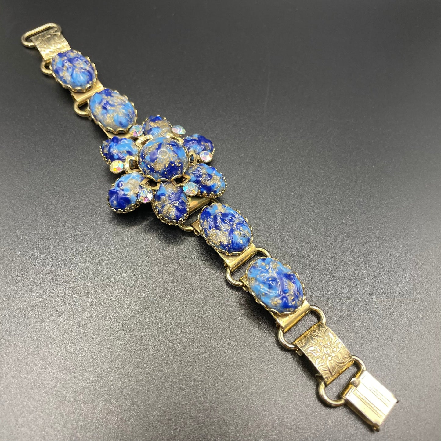 Vintage art glass rhinestone floral bracelet, textured blue and gold glass cabochons, Juliana Delizza and Elster (D&E) or Schreiner style