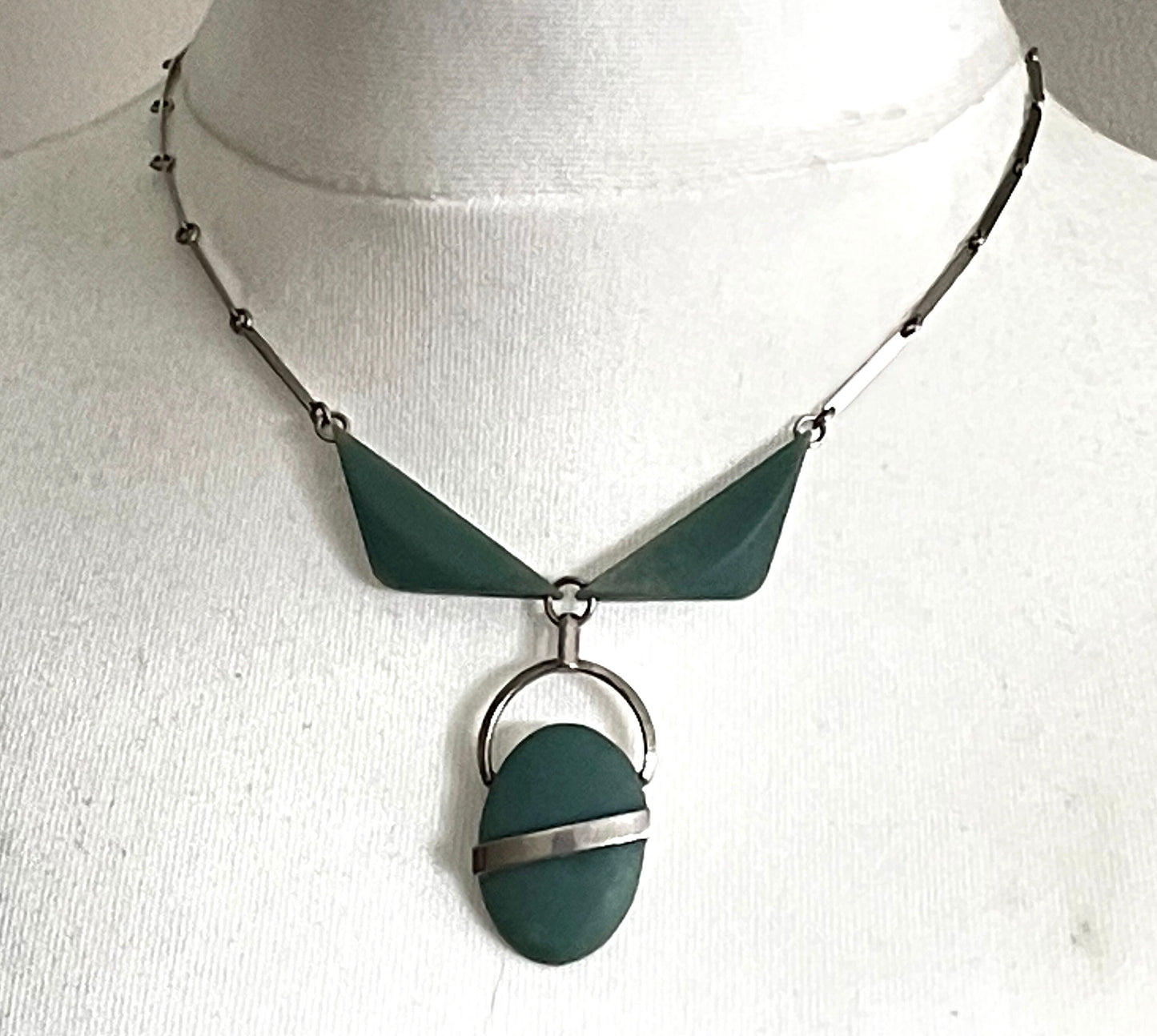 Vintage Jakob Bengel Art Deco machine age chrome and olive green galalith geometric necklace, 1930s