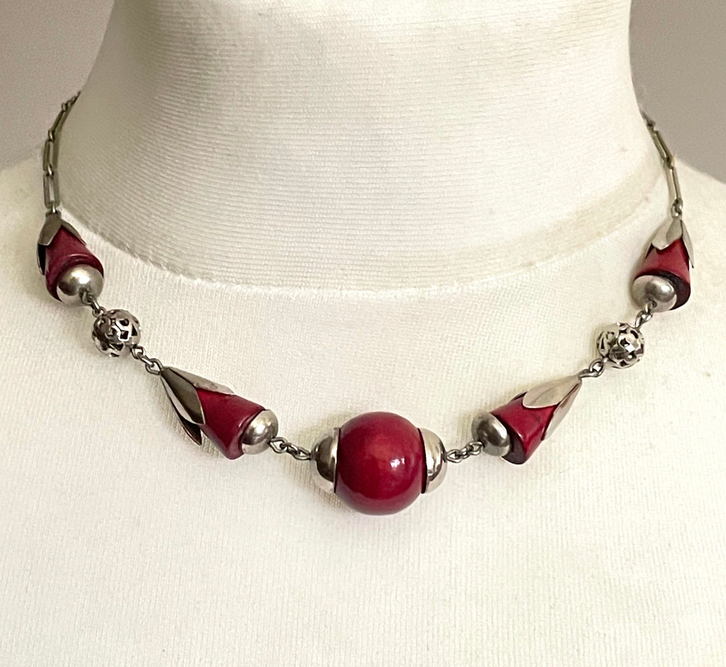 Vintage Jakob Bengel Art Deco machine age silver tone / chrome and deep cherry red galalith bead chunky geometric statement necklace