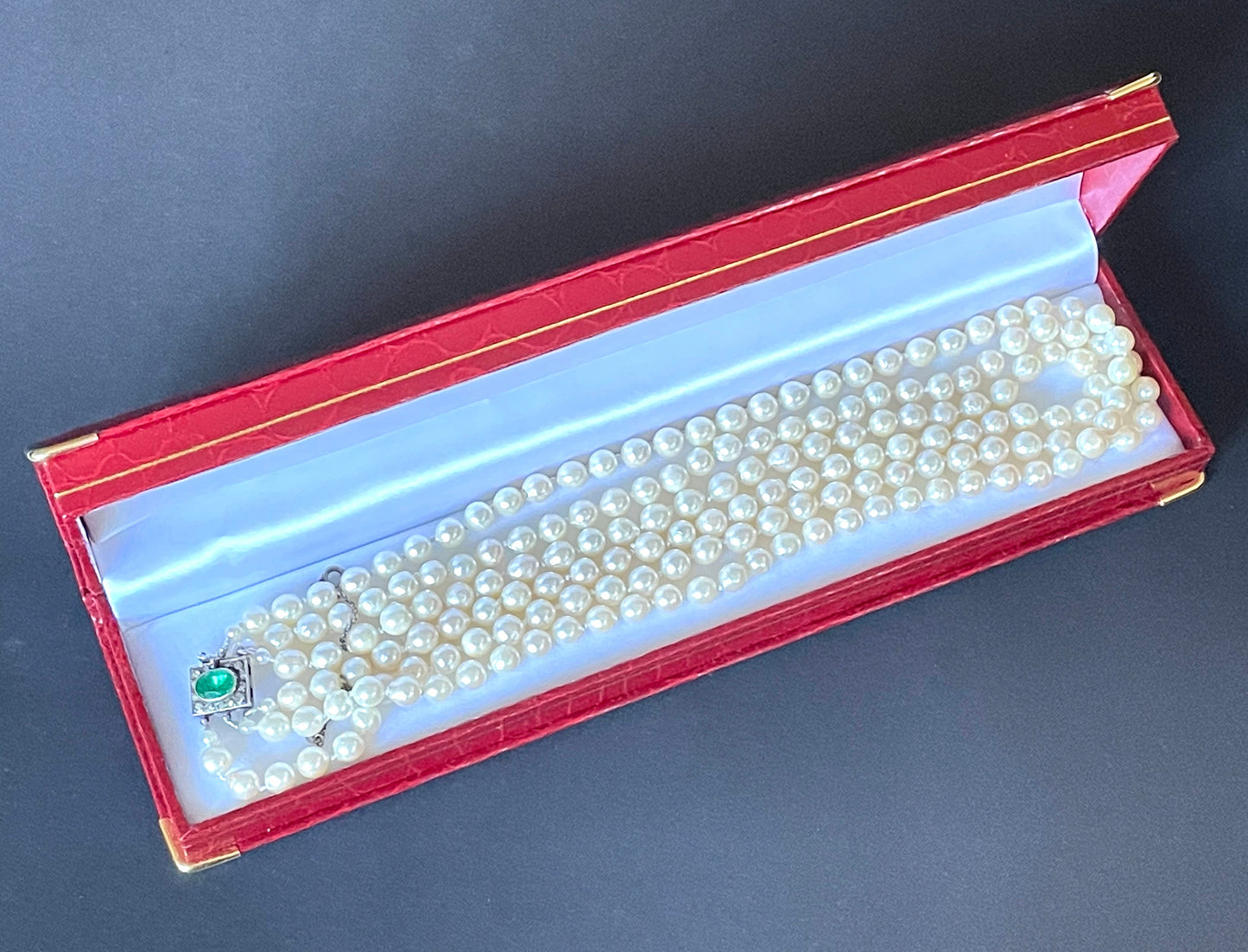 Antique / vintage real cultured pearl triple strand necklace, hand-knotted, in box, pretty silver with emerald green & clear paste box clasp