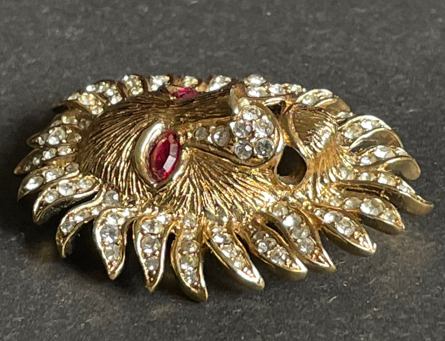 Vintage Attwood and Sawyer (A&S) large rhinestone lion brooch - signed, gold-plated, unusual ruby red rhinestone eyes