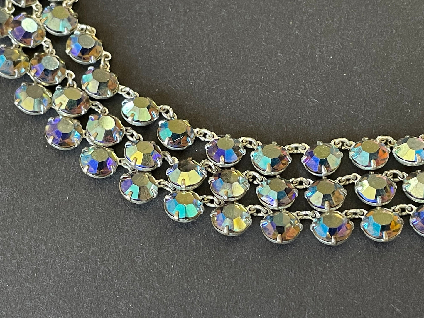 Vintage Art Deco style unusual smoky quartz colour aurora borealis Austrian crystal riviere necklace, triple strand, bezel set, open backed