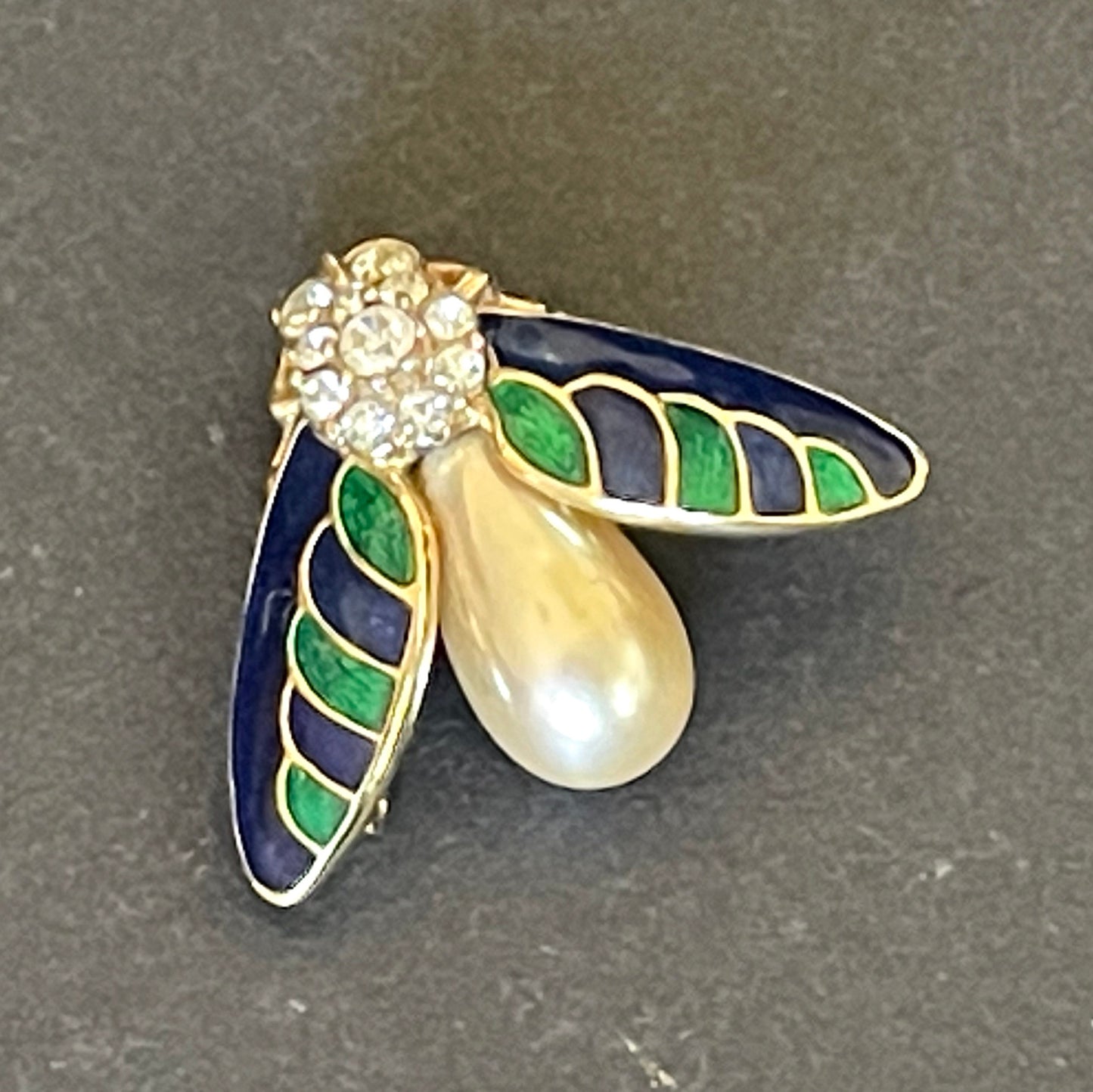 Vintage signed Attwood and Sawyer ( A&S ) gold plated with clear rhinestones, green and blue enamel and glass pearl, fly bee insect brooch