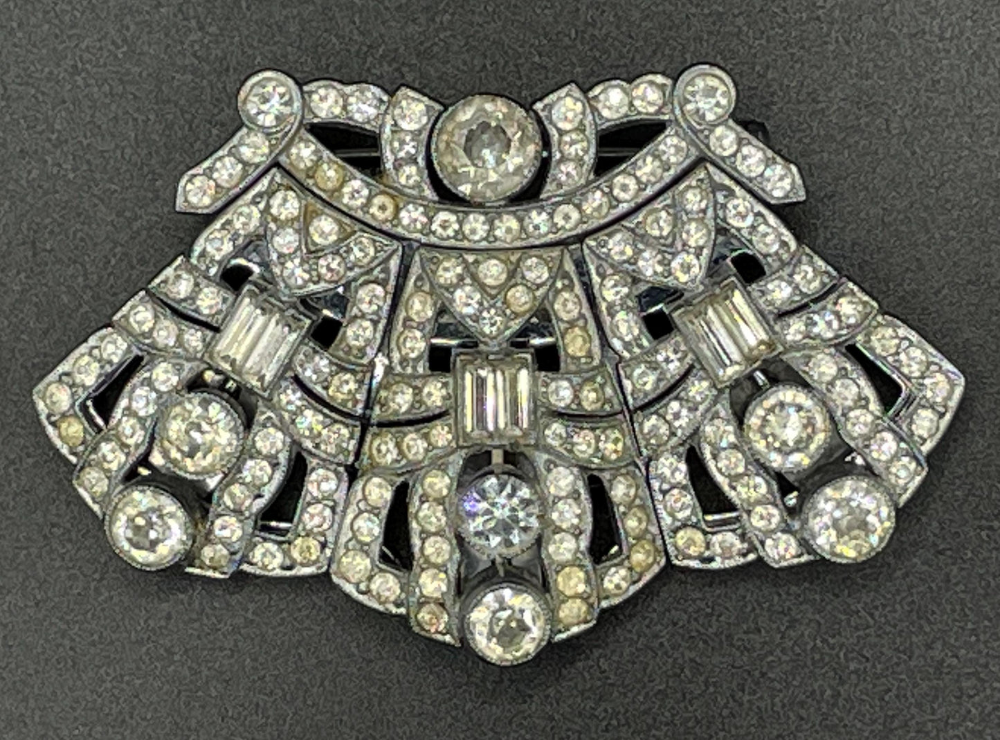 Unusual vintage Art Deco duette / triette - a clear rhinestone silver tone brooch which can be converted to three dress clips - metamorphic