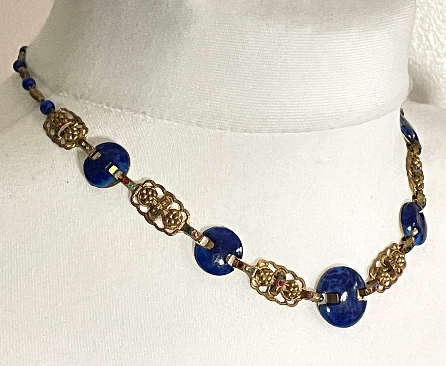 Vintage Art Deco Czech Max Neiger (?) blue lapis lazuli glass, colourful rhinestone & gold tone necklace, beautifully shaped stones