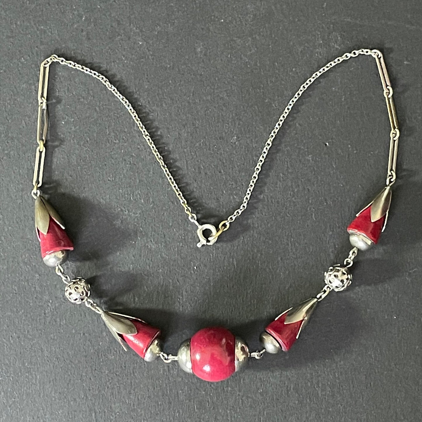 Vintage Jakob Bengel Art Deco machine age silver tone / chrome and deep cherry red galalith bead chunky geometric statement necklace