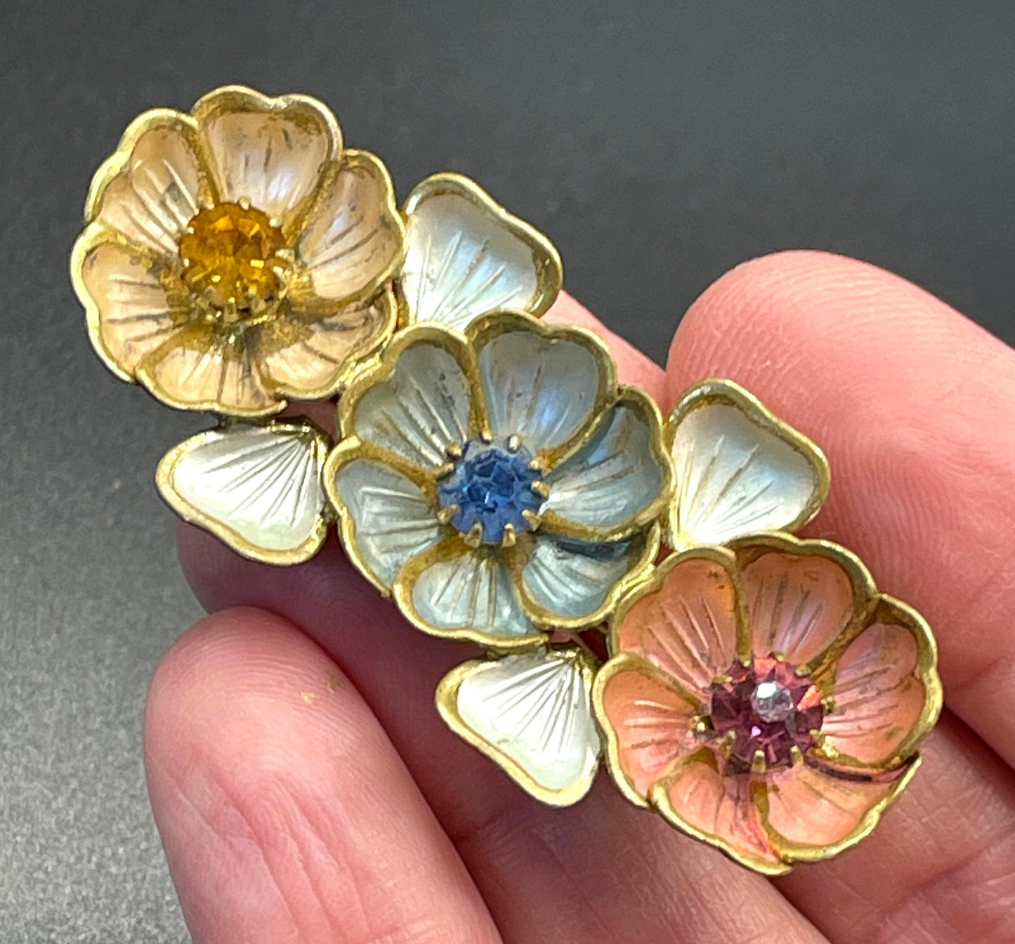 Vintage Neiger Brothers (Max and Norbert) colourful enamel and rhinestone flower brooch - set in antique gold tone