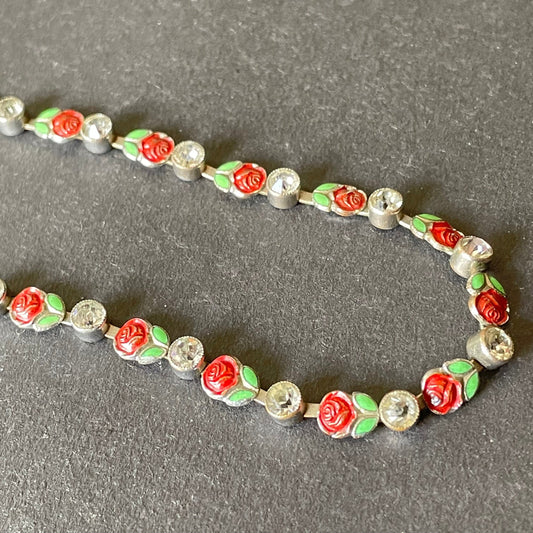 Vintage Art Deco Czech crystal paste, green & red enamel and silver tone collet set riviere necklace, beautiful red rose and leaf design